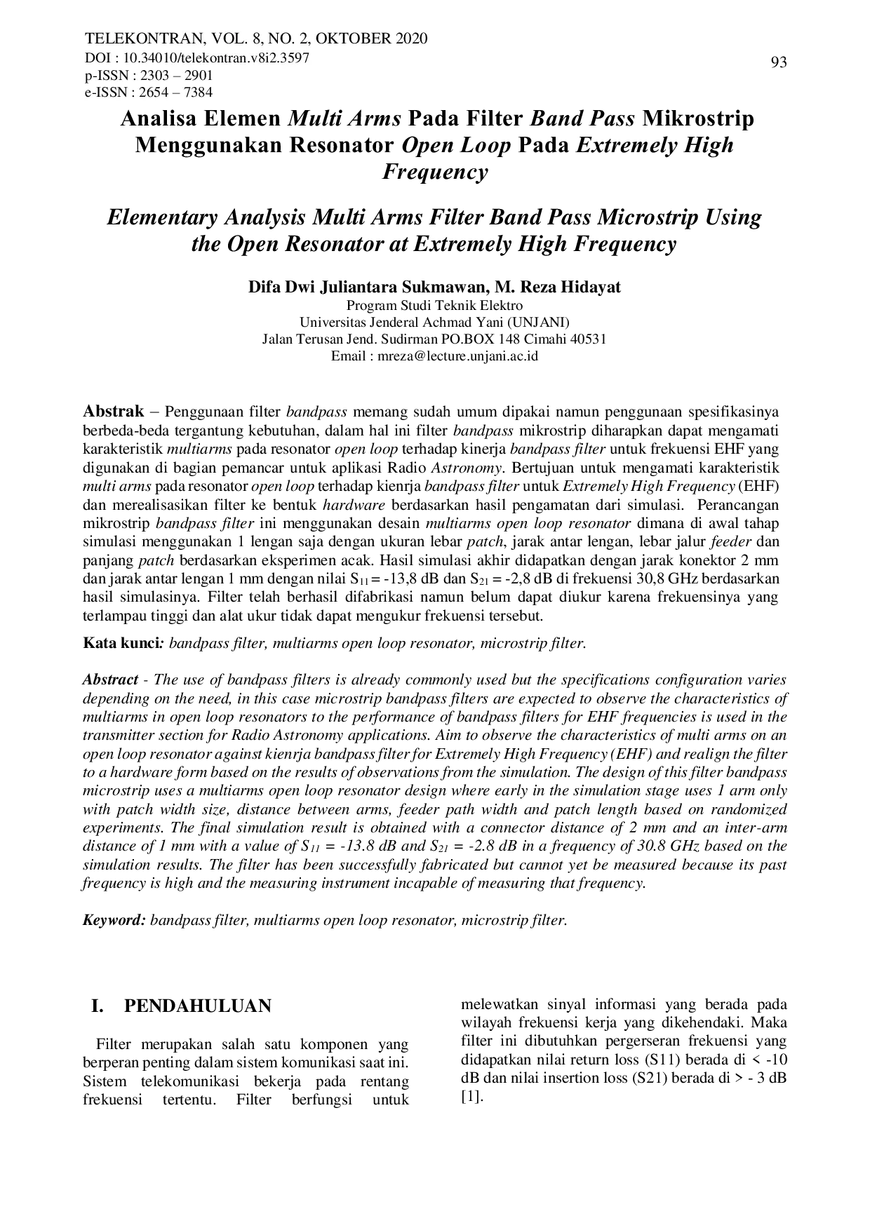 JURIS Analisa Elemen Multi Arms Pada Filter Band Pass Mikrostrip Menggunakan Resonator Open Loop Pada Extremely High Frequency