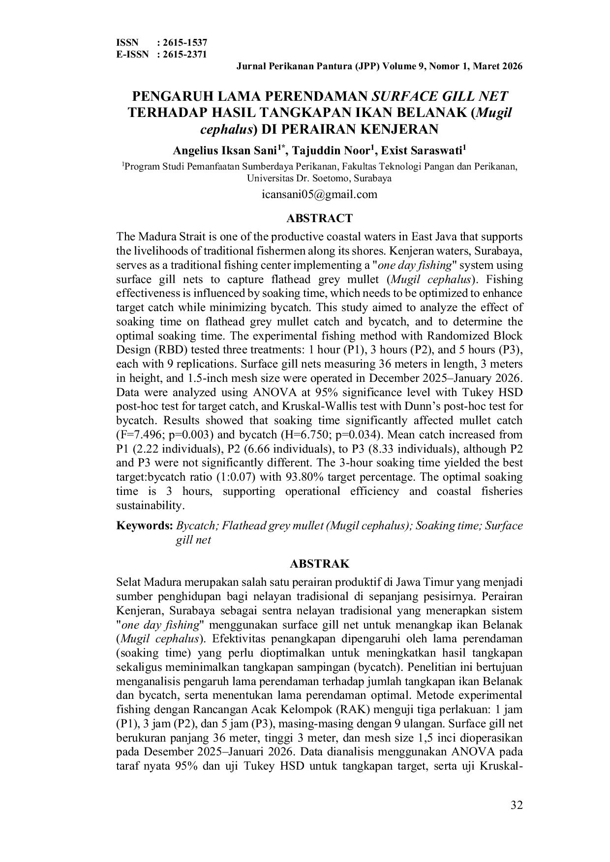 JURIS PENGARUH LAMA PERENDAMAN SURFACE GILL NET TERHADAP HASIL TANGKAPAN IKAN BELANAK Mugil cephalus DI PERAIRAN KENJERAN