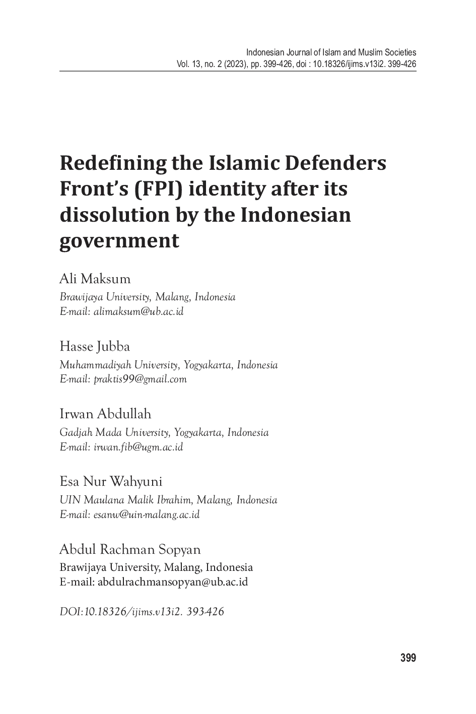 JURIS Redefining the Islamic defenders front s FPI identity after its dissolution by the Indonesian government