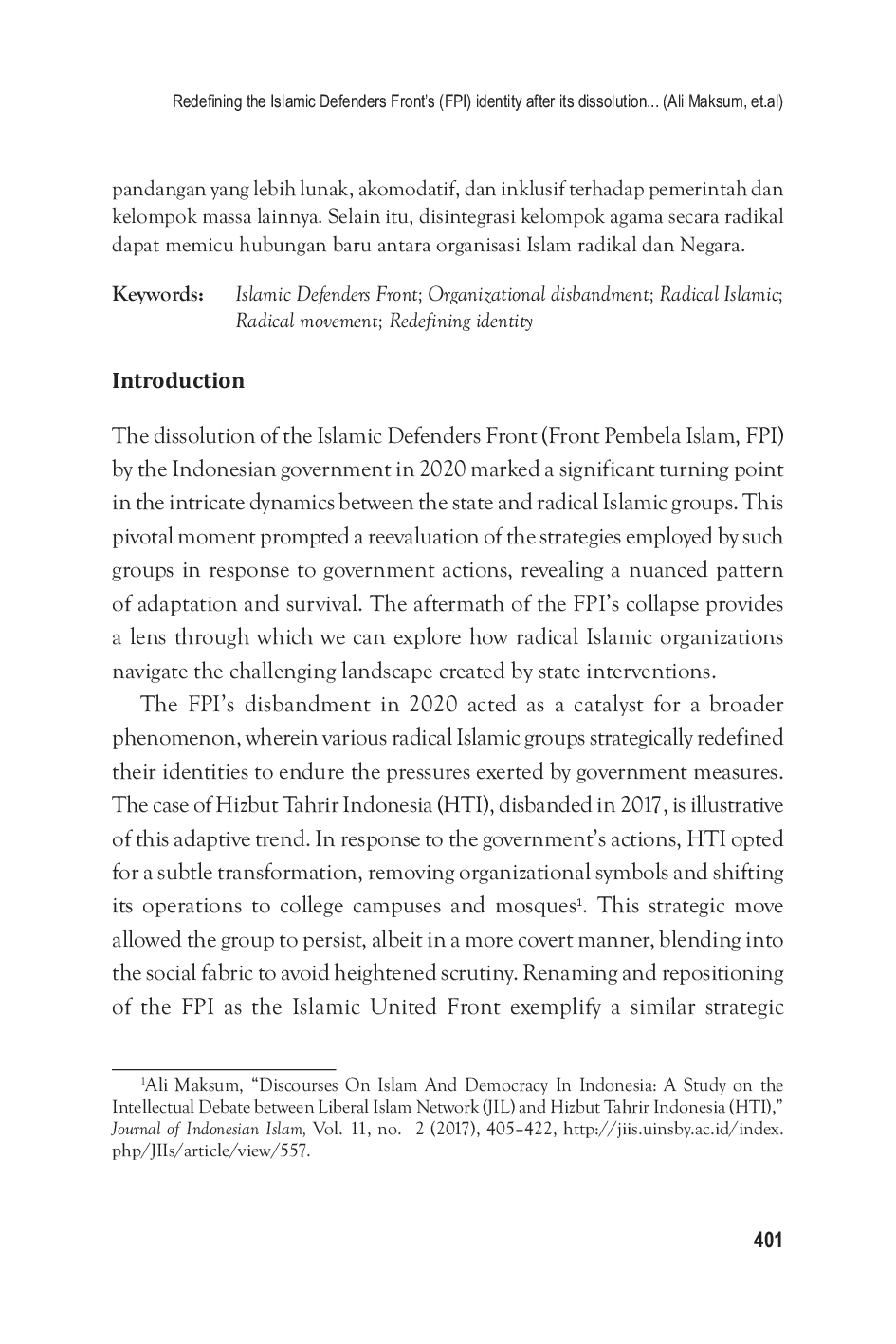 JURIS Redefining the Islamic defenders front s FPI identity after its dissolution by the Indonesian government