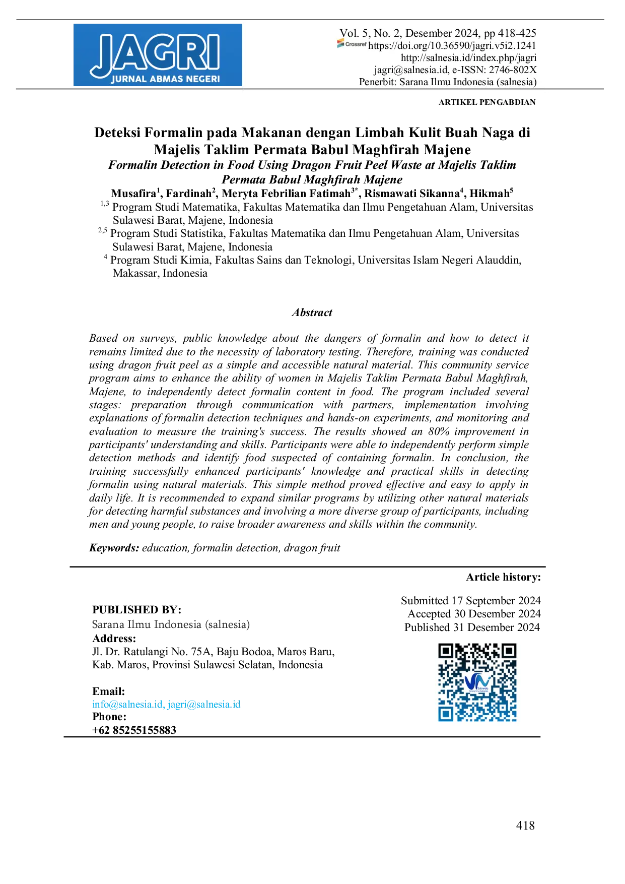 JURIS Deteksi Formalin pada Makanan dengan Limbah Kulit Buah Naga di Majelis Taklim Permata Babul Maghfirah Majene