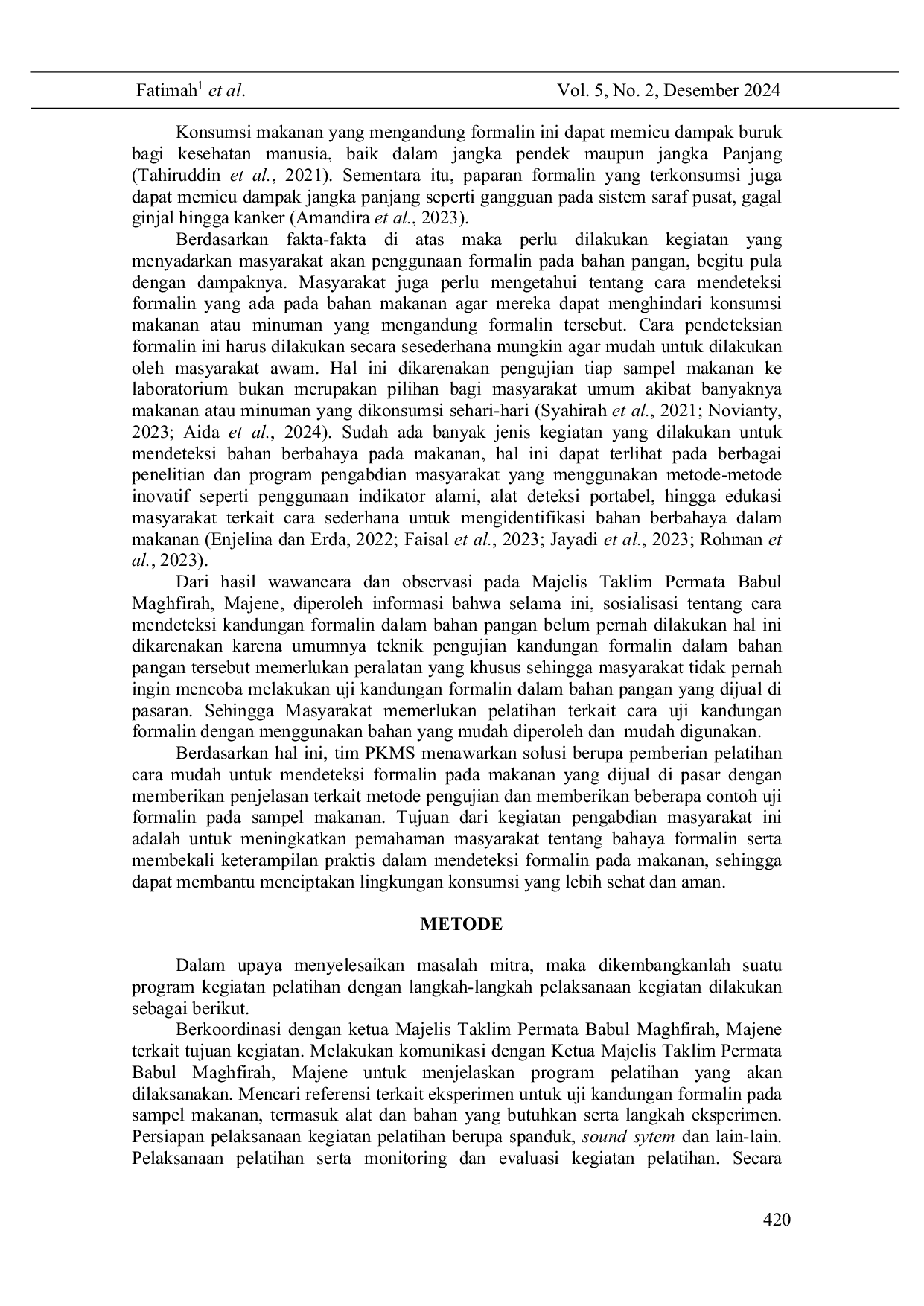 JURIS Deteksi Formalin pada Makanan dengan Limbah Kulit Buah Naga di Majelis Taklim Permata Babul Maghfirah Majene