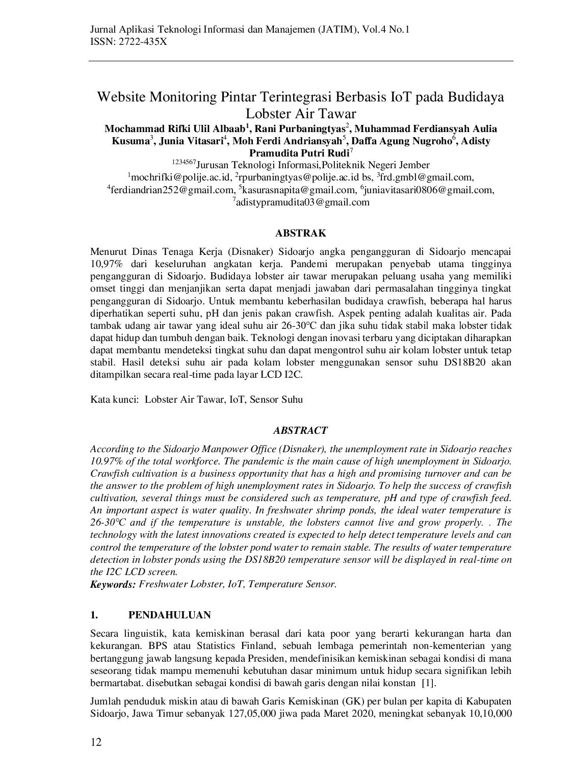 JURIS Website Monitoring Pintar Terintegrasi Berbasis IoT pada Budidaya Lobster Air Tawar