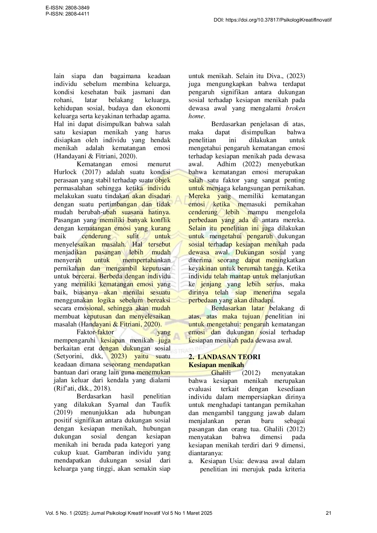 JURIS Kematangan Emosi dan Dukungan Sosial Berpengaruh Terhadap Kesiapan Menikah pada Dewasa Awal