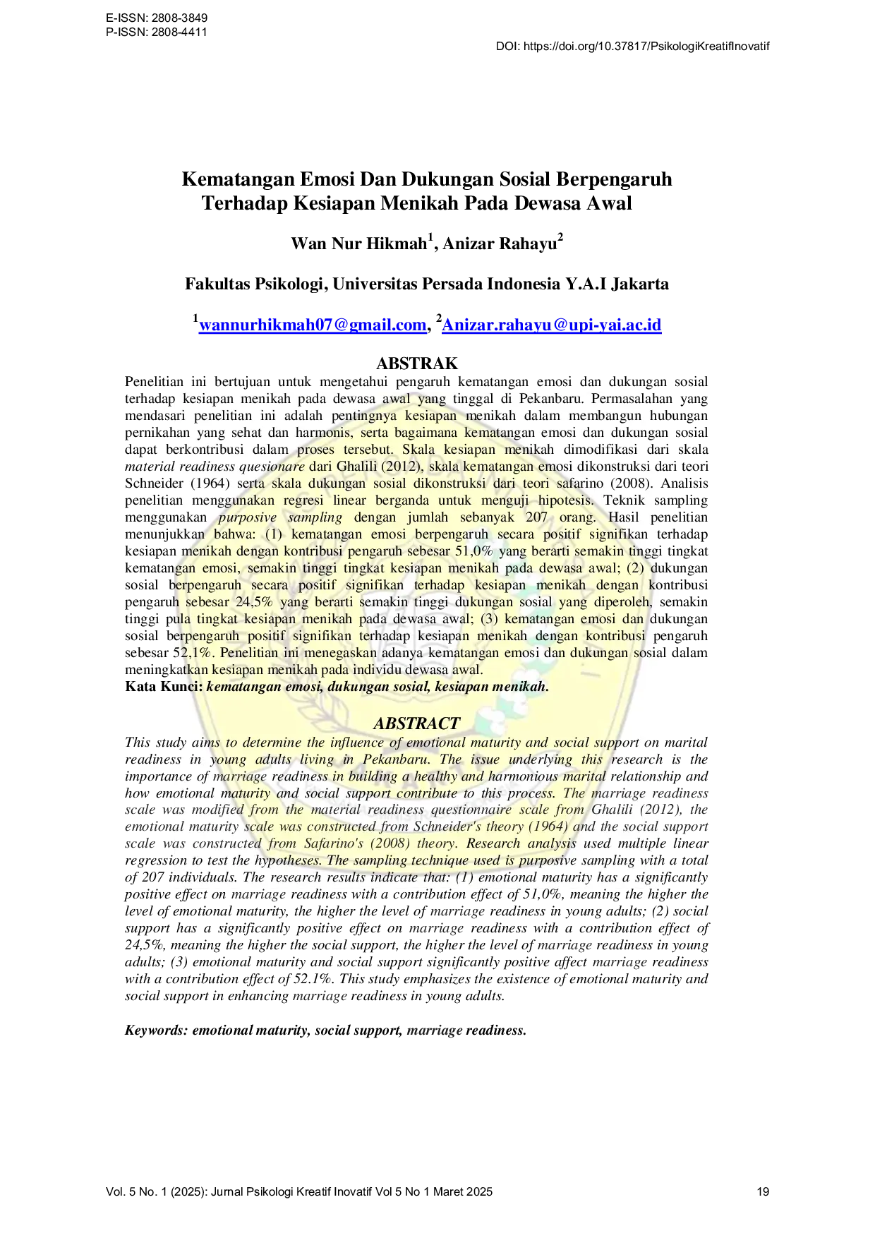 JURIS Kematangan Emosi dan Dukungan Sosial Berpengaruh Terhadap Kesiapan Menikah pada Dewasa Awal