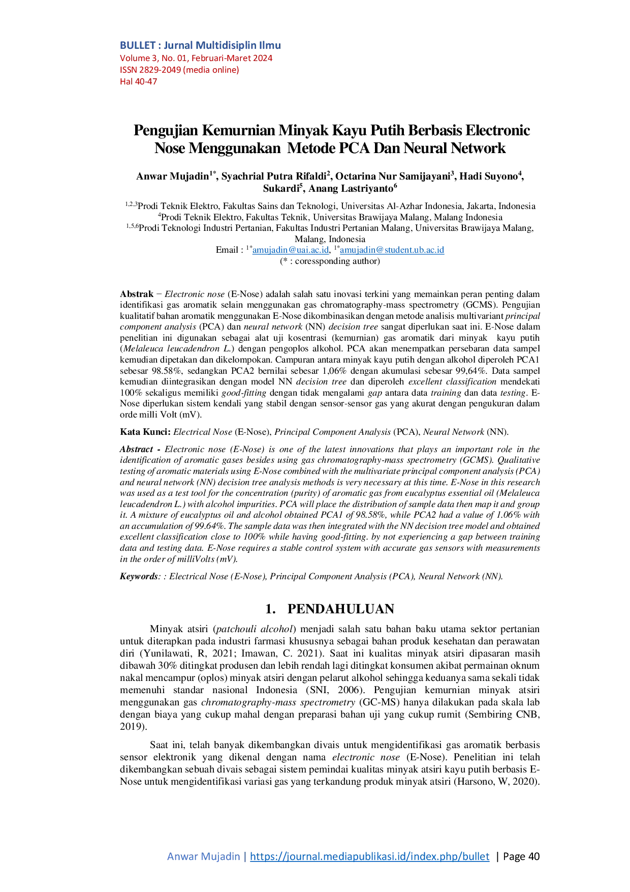JURIS Pengujian Kemurnian Minyak Kayu Putih Berbasis Electronic Nose Menggunakan Metode PCA Dan Neural Network