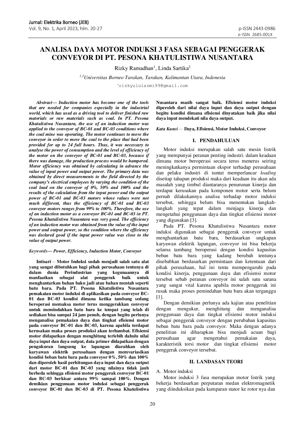 JURIS Analisa Daya Motor Induksi 3 Fasa Sebagai Penggerak Conveyor Di Pt Pesona Khatulistiwa Nusantara