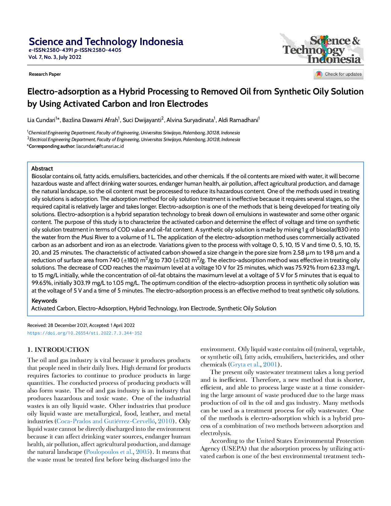 juris Electro Adsorption as a Hybrid Processing to Remove Oil from Synthetic Oily Solution by Using Activated Carbon and Iron Electrodes