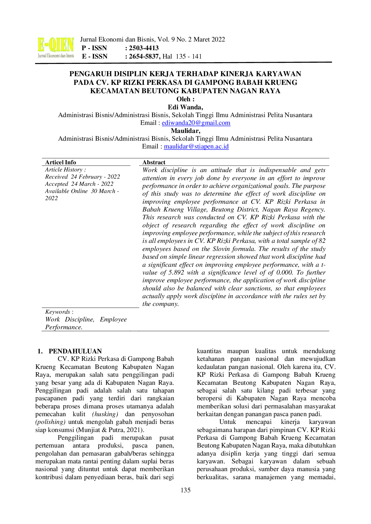 JURIS Pengaruh Disiplin Kerja Terhadap Kinerja Karyawan Pada Cv Kp Rizki Perkasa Di Gampong Babah Krueng Kecamatan Beutong Kabupaten Nagan Raya