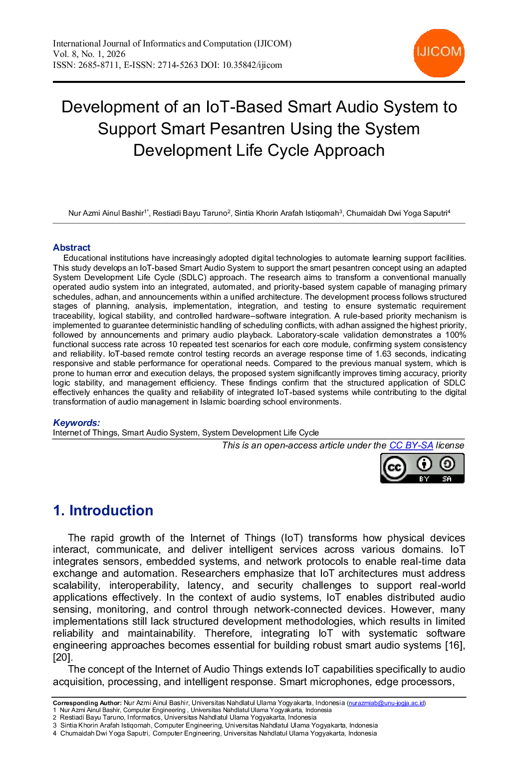 JURIS Development of an IoT Based Smart Audio System to Support Smart Pesantren Using the System Development Life Cycle Approach