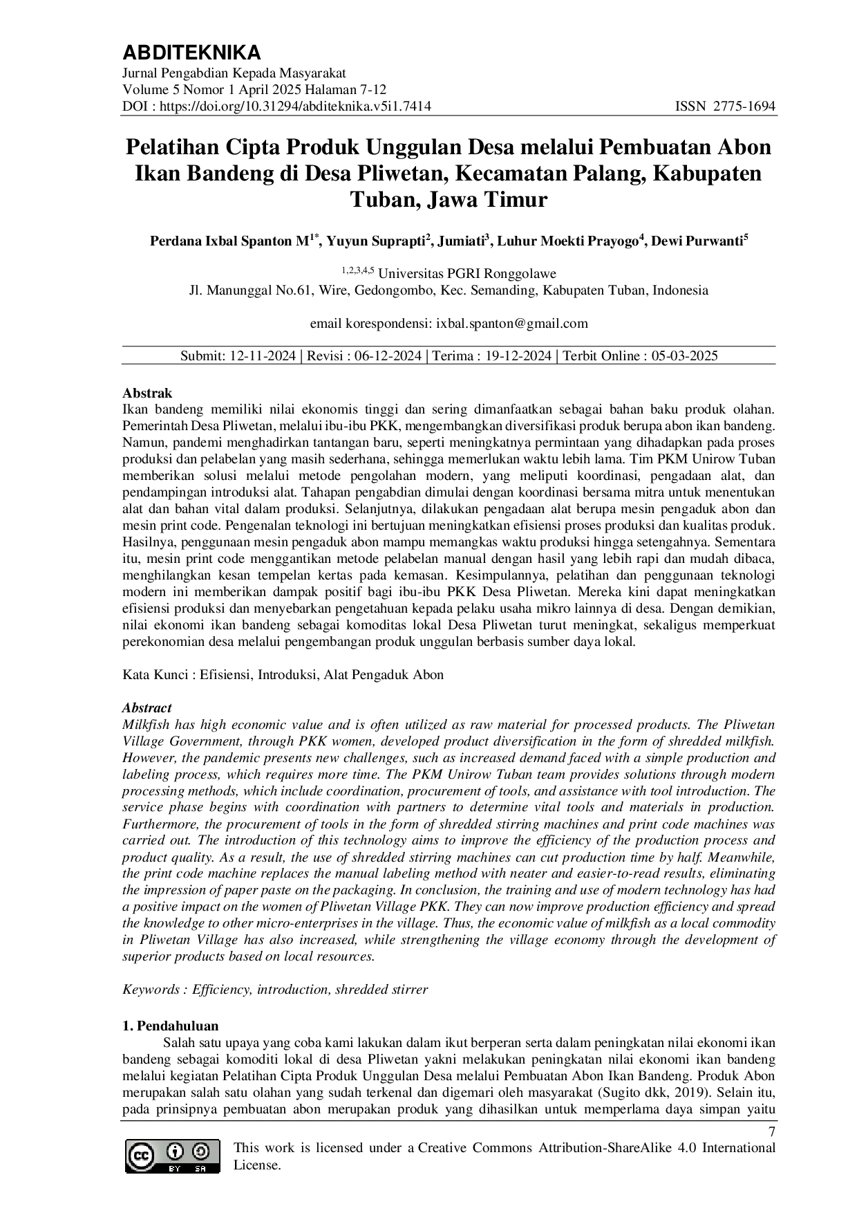 JURIS Pelatihan Cipta Produk Unggulan Desa melalui Pembuatan Abon Ikan Bandeng di Desa Pliwetan Kecamatan Palang Kabupaten Tuban Jawa Timur