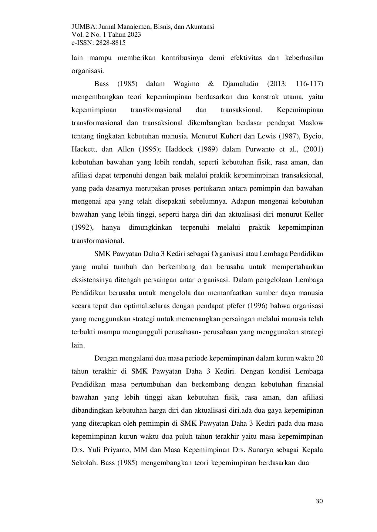 JURIS Pengaruh Gaya Kepemimpinan Transformasional dan Transaksional terhadap Komitmen Organisasi Studi pada SMK Pawyatan Daha 3 Kediri