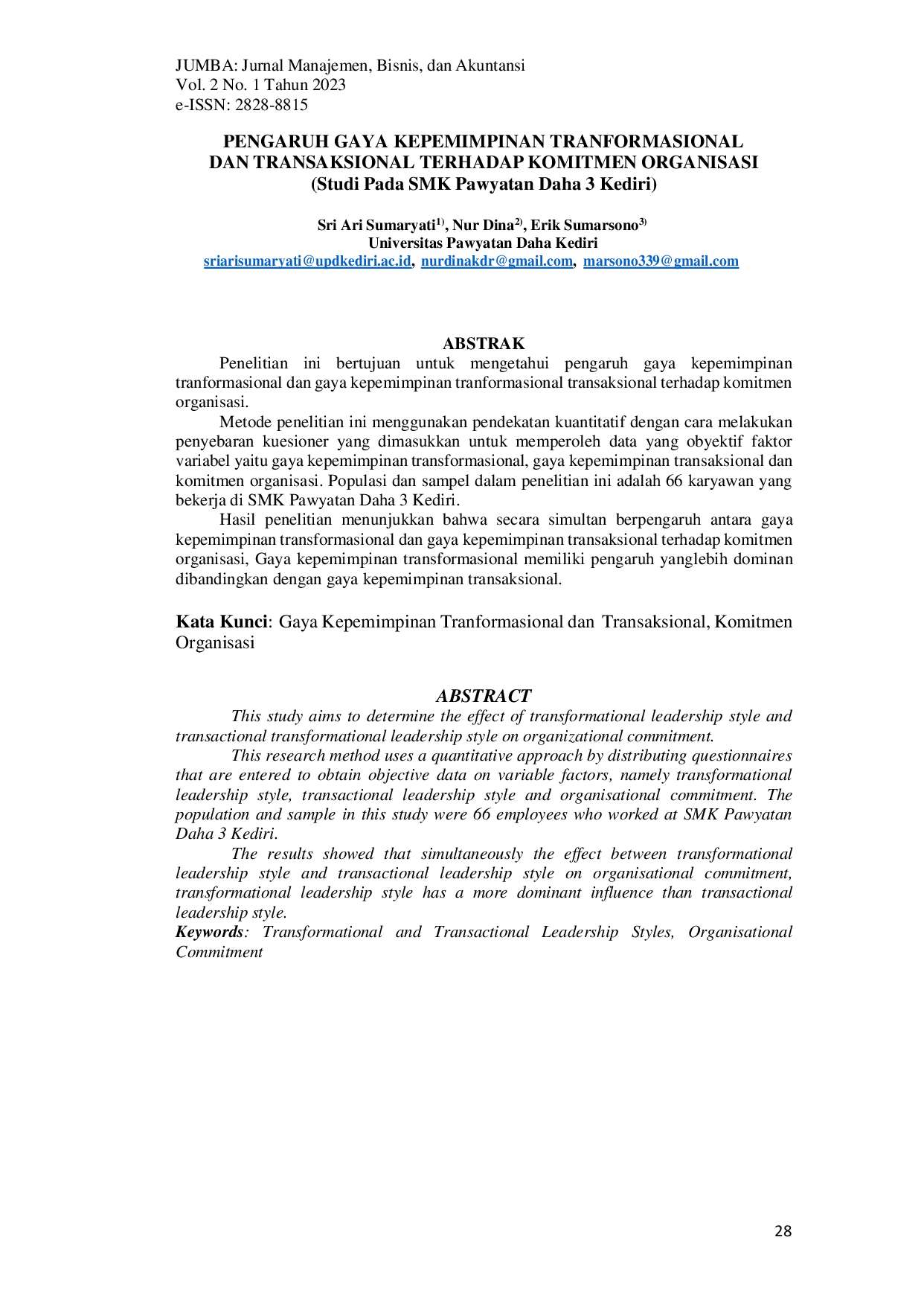 JURIS Pengaruh Gaya Kepemimpinan Transformasional dan Transaksional terhadap Komitmen Organisasi Studi pada SMK Pawyatan Daha 3 Kediri