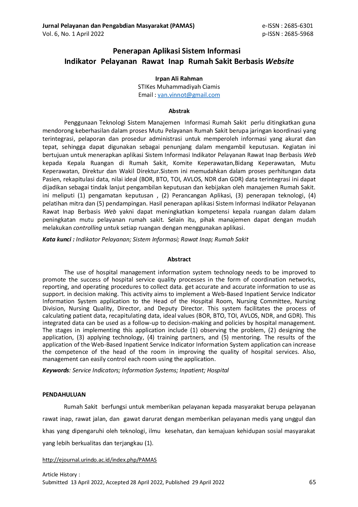 JURIS Penerapan Aplikasi Sistem Informasi Indikator Pelayanan Rawat Inap Rumah Sakit Berbasis Website