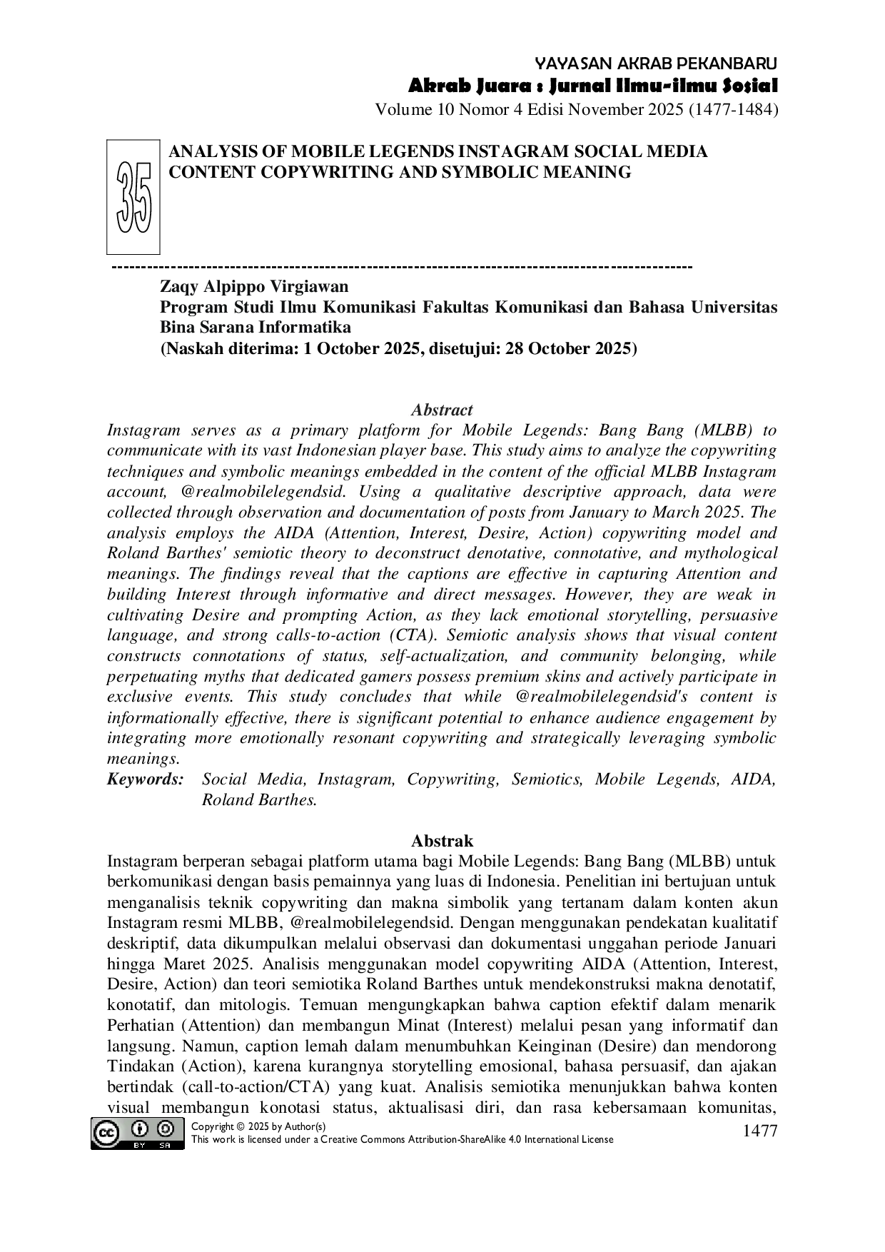 JURIS Analysis Of Mobile Legends Instagram Social Media Content Copywriting And Symbolic Meaning
