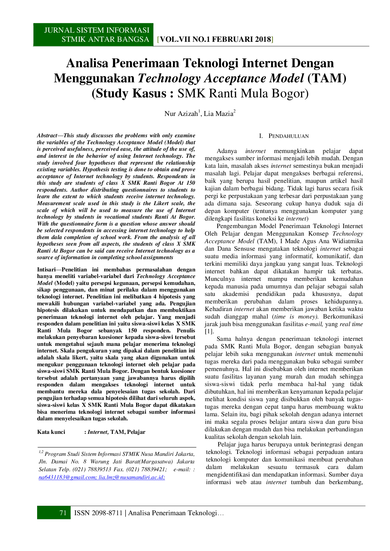 juris Analisa Penerimaan Teknologi Internet Dengan Menggunakan Technology Acceptance Model TAM Study Kasus SMK Ranti Mula Bogor