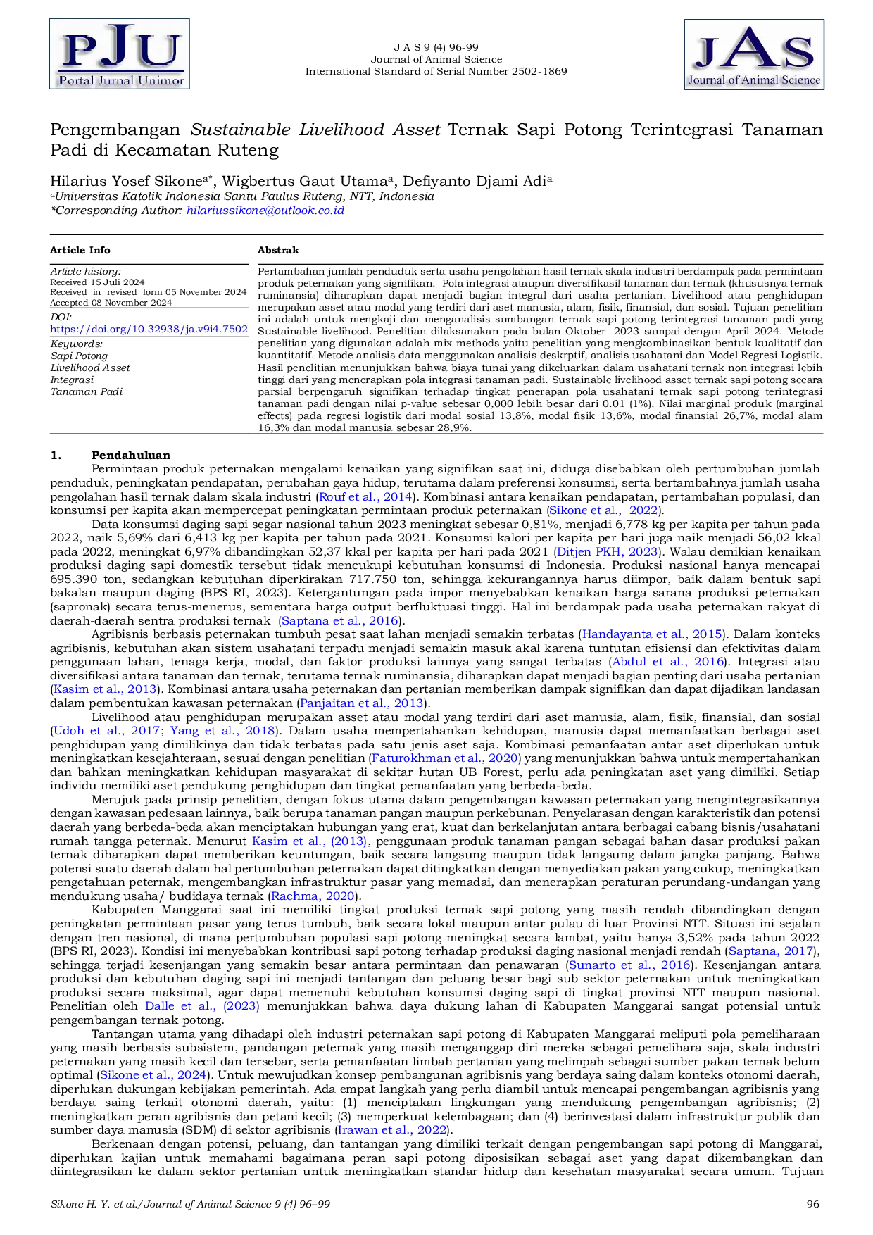 JURIS Pengembangan Sustainable Livelihood Asset Ternak Sapi Potong Terintegrasi Tanaman Padi di Kecamatan Ruteng