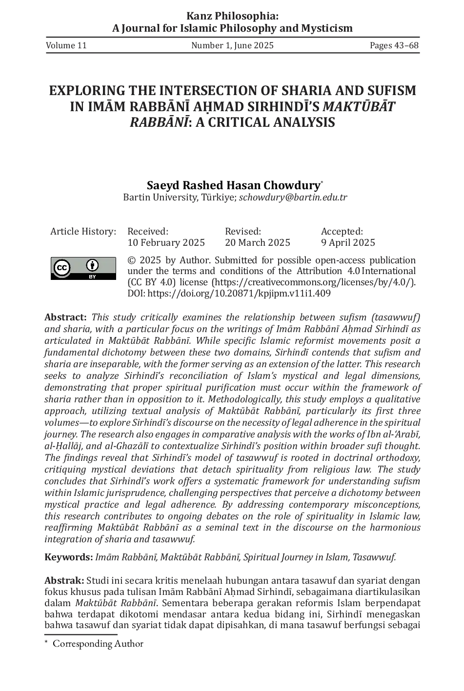 JURIS Exploring the Intersection of Sharia and Sufism in ImAm RabbAn Aumad Sirhind s MaktbAt RabbAn A Critical Analysis
