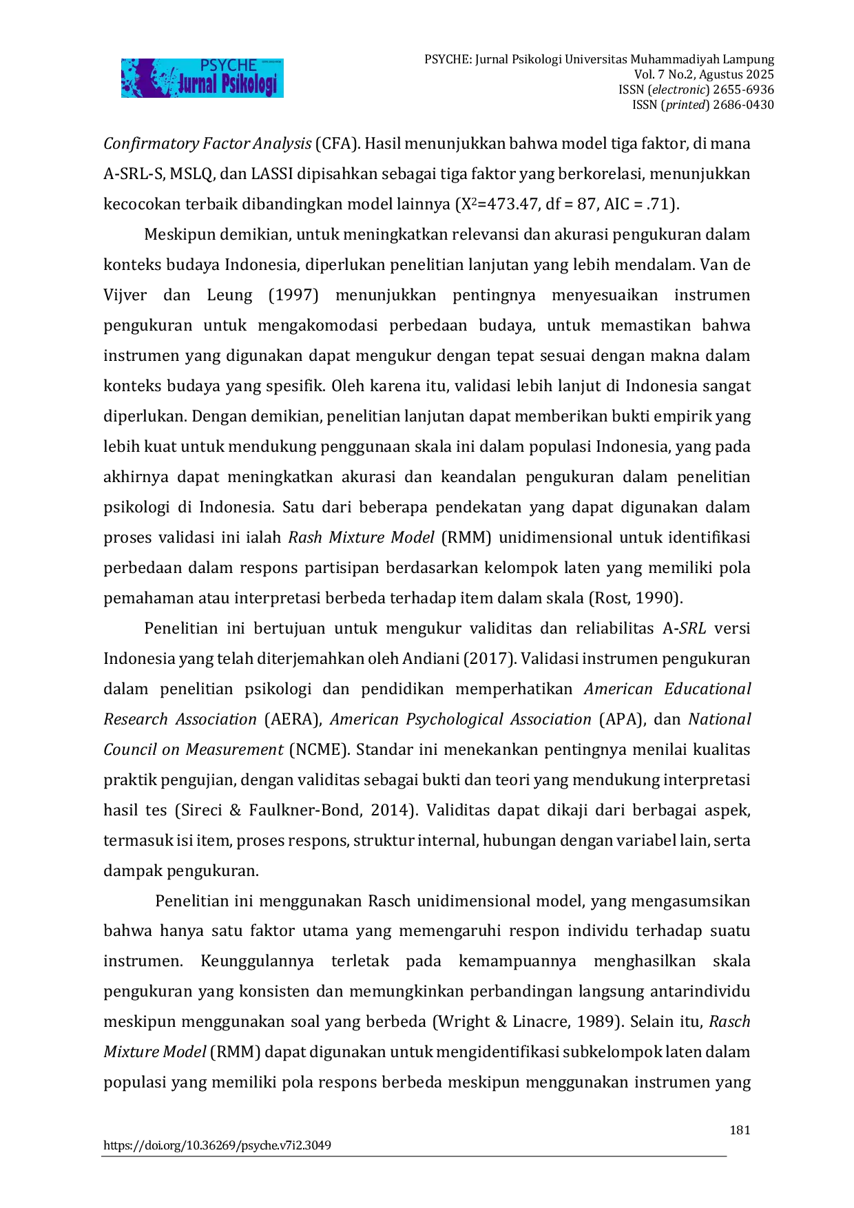 JURIS Validasi Struktur Internal Dan Laten Sub Class Academic Self Regulated Learning Versi Indonesia Dengan Rasch Mixture Model
