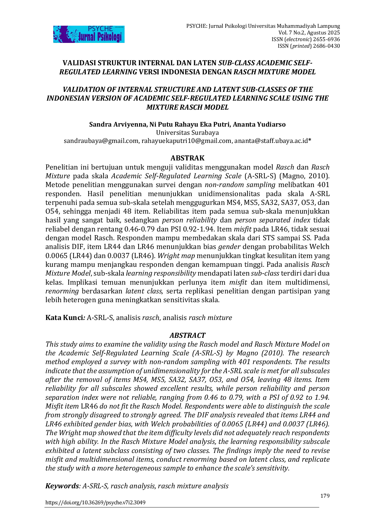 JURIS Validasi Struktur Internal Dan Laten Sub Class Academic Self Regulated Learning Versi Indonesia Dengan Rasch Mixture Model