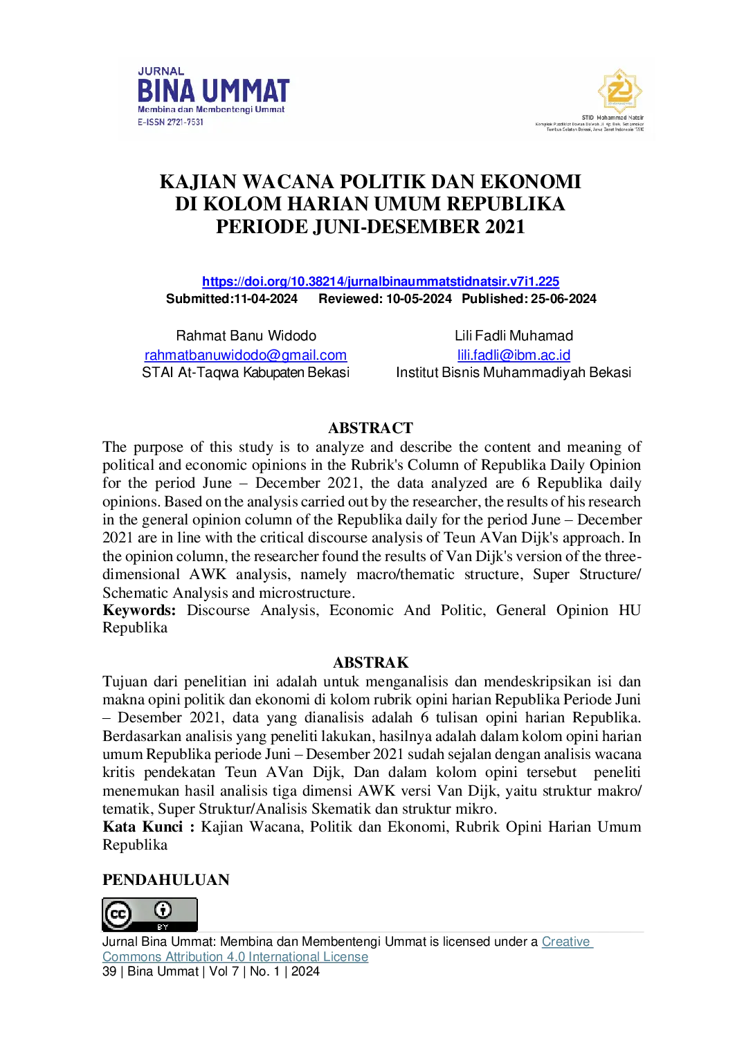 JURIS Kajian Wacana Politik dan Ekonomi di Kolom Harian Umum Republika Periode Juni Desember 2021