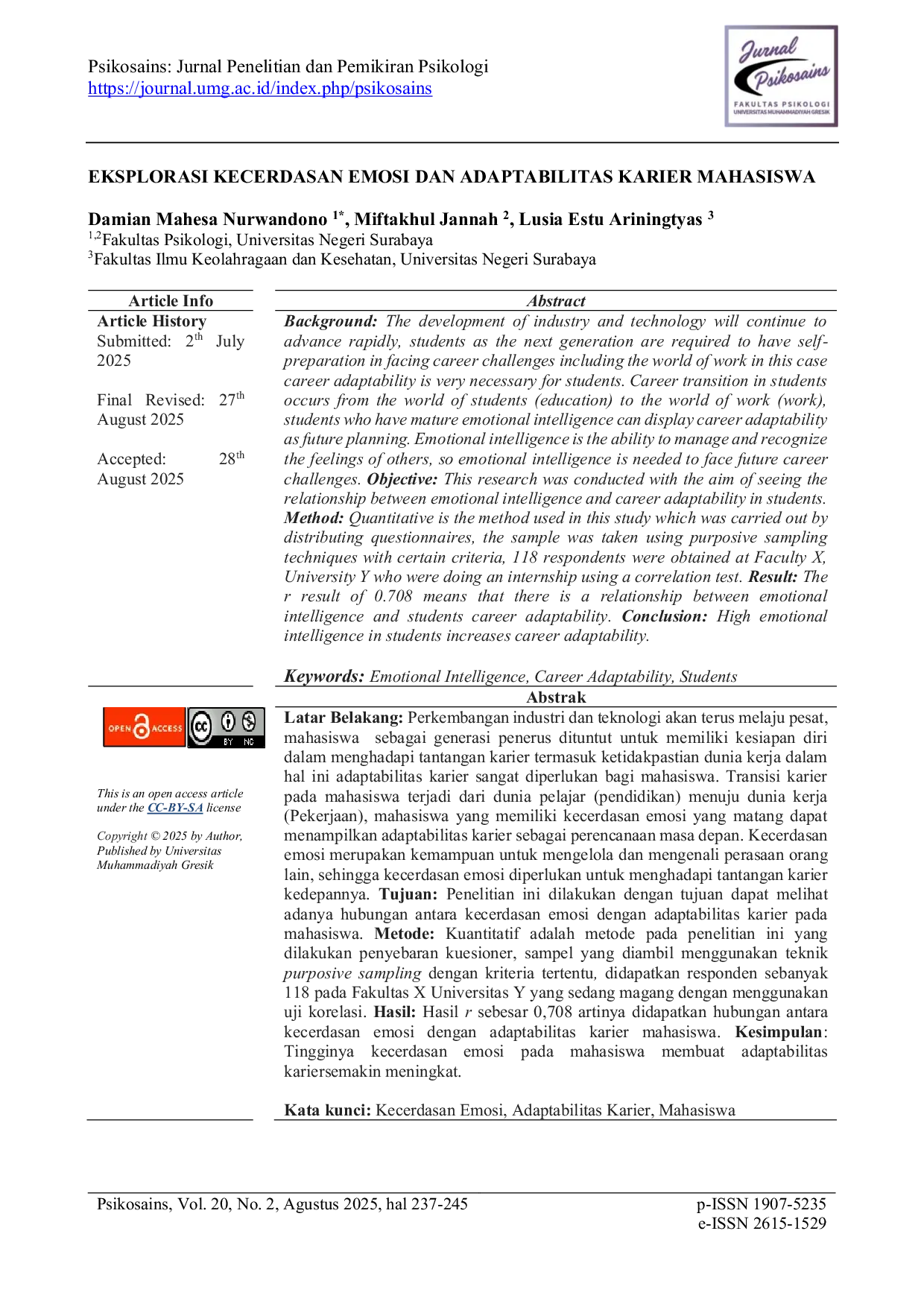 JURIS Eksplorasi Kecerdasan Emosi Dan Adaptabilitas Karier Mahasiswa