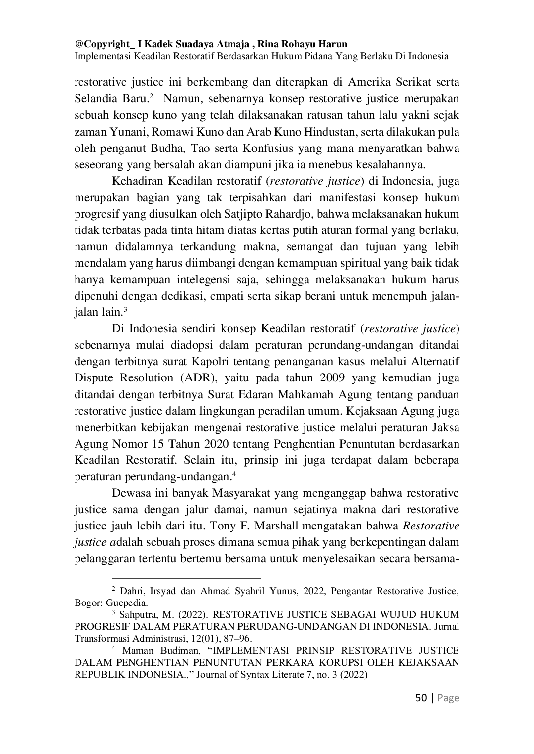 JURIS Implementasi Keadilan Restoratif Berdasarkan Hukum Pidana Yang Berlaku Di Indonesia