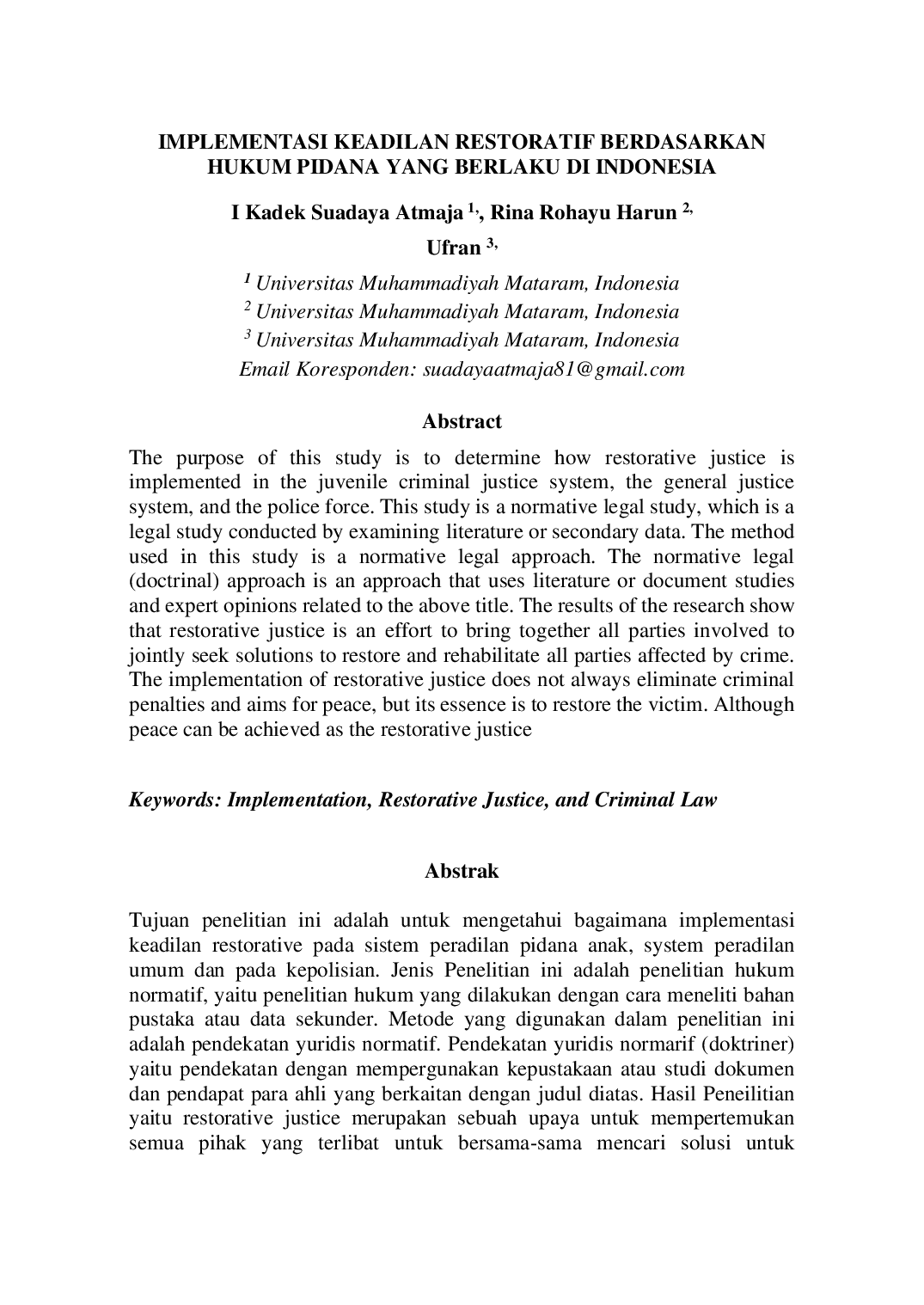 JURIS Implementasi Keadilan Restoratif Berdasarkan Hukum Pidana Yang Berlaku Di Indonesia