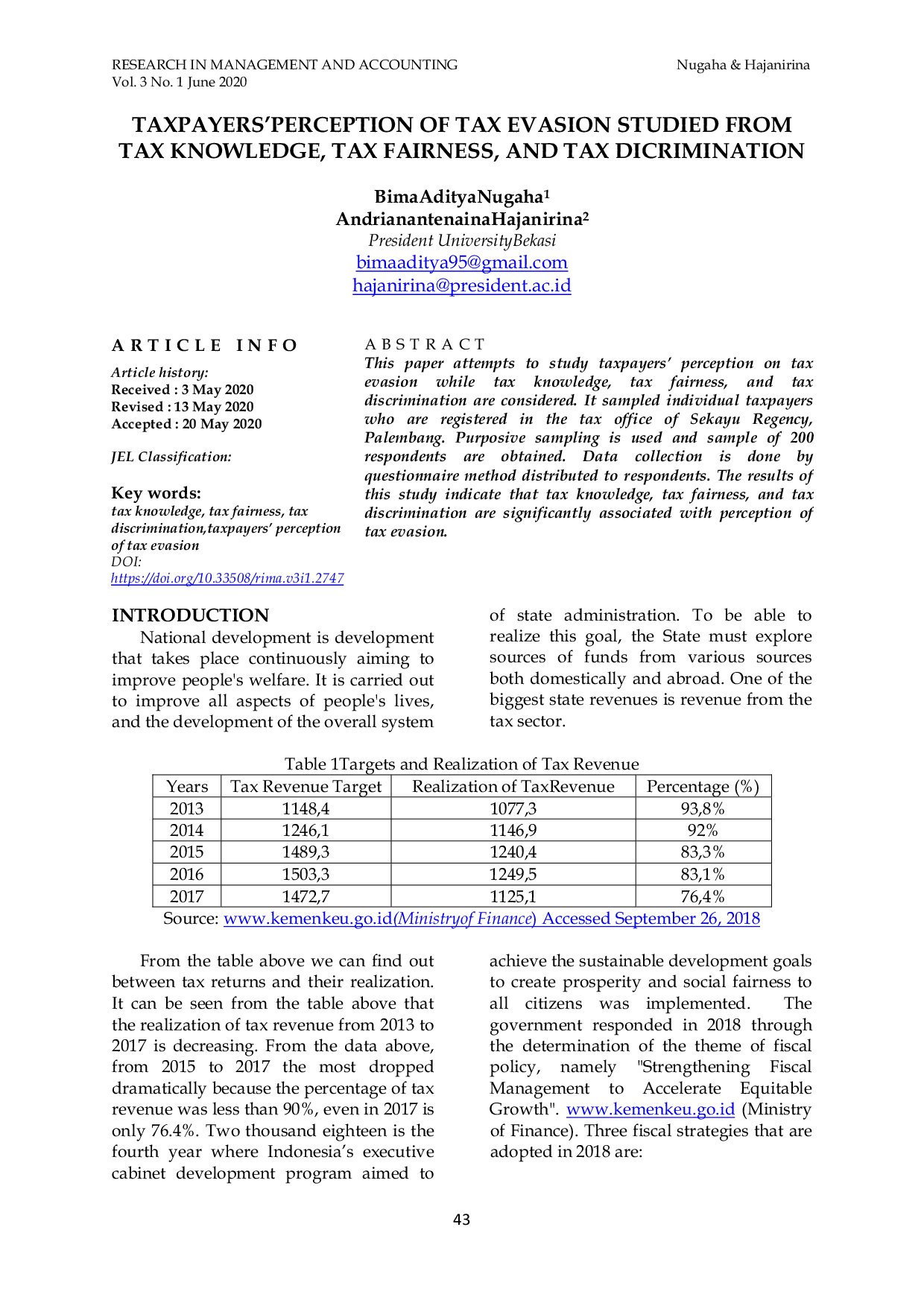 JURIS Taxpayers Perception of Tax Evasion Studied from Tax Knowledge Tax Fairness and Tax Discrimination
