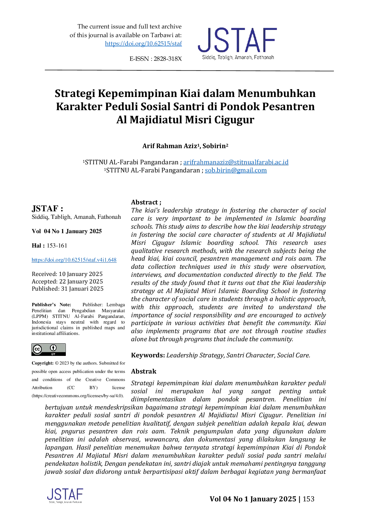 JURIS Strategi Kepemimpinan Kiai dalam Menumbuhkan Karakter Peduli Sosial Santri di Pondok Pesantren Al Majidiatul Misri Cigugur