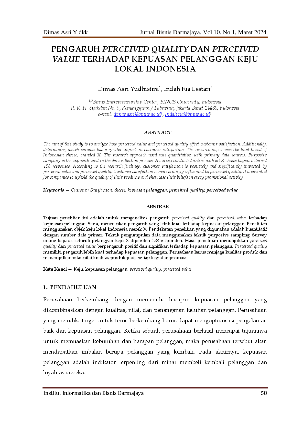 juris Pengaruh Perceived Quality dan Perceived Value Terhadap Kepuasan Pelanggan Keju Lokal Indonesia