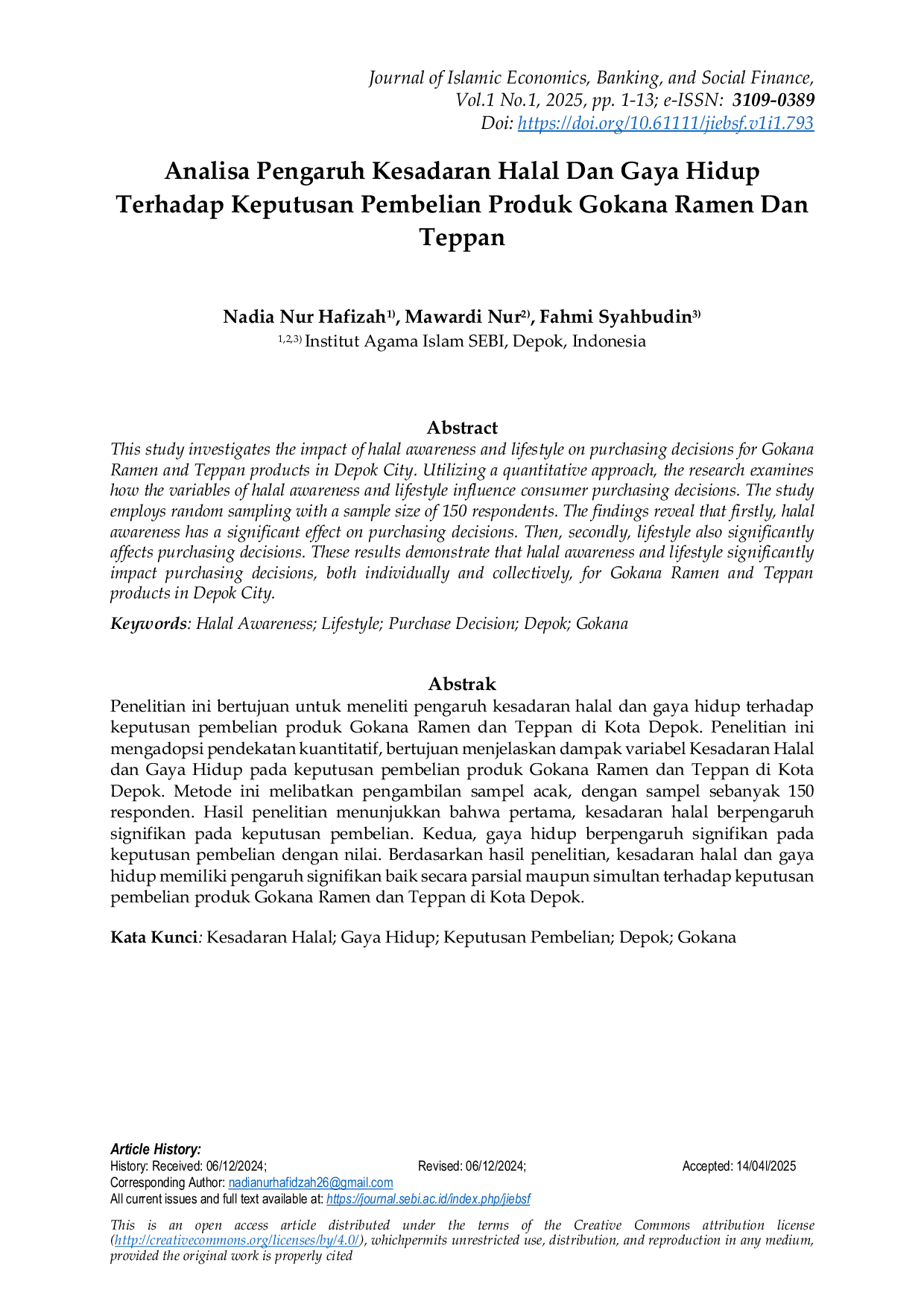 JURIS Analisis Pengaruh Kesadaran Halal Dan Gaya Hidup Terhadap Keputusan Pembelian Gokana Ramen Dan Teppan
