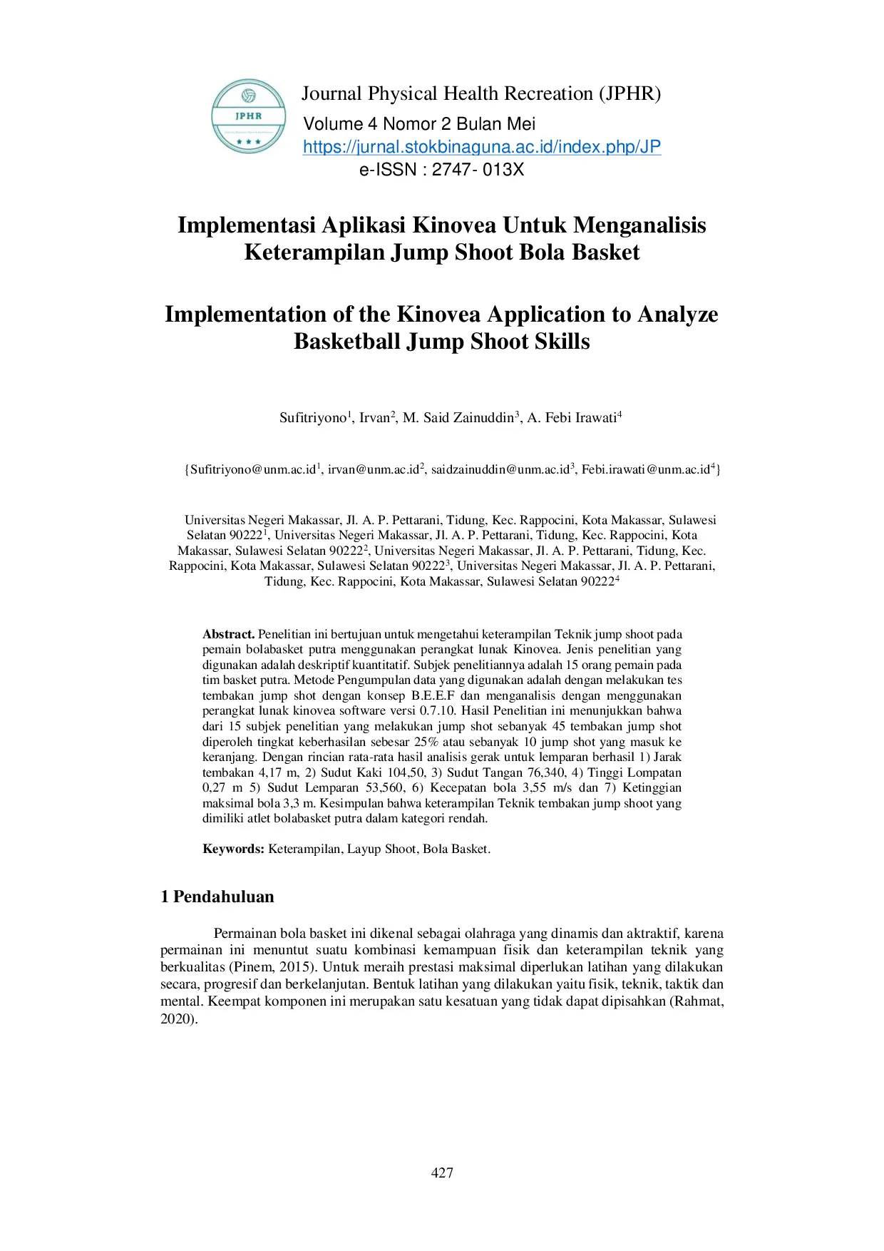 JURIS Implementasi Aplikasi Kinovea Untuk Menganalisis Keterampilan Jump Shoot Bolabasket
