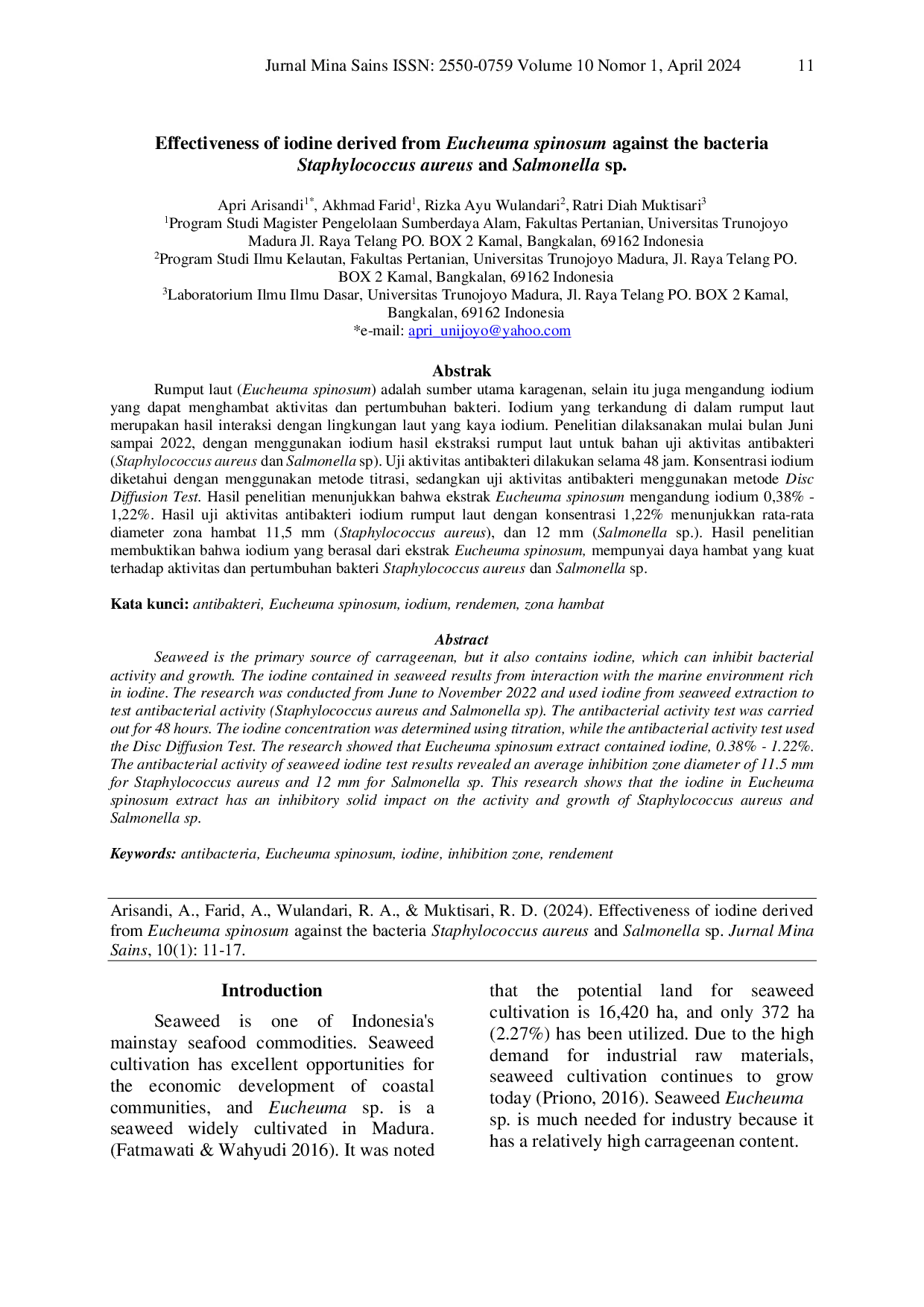 JURIS Effectiveness of iodine derived from Eucheuma spinosum against the bacteria Staphylococcus aureus and Salmonella sp