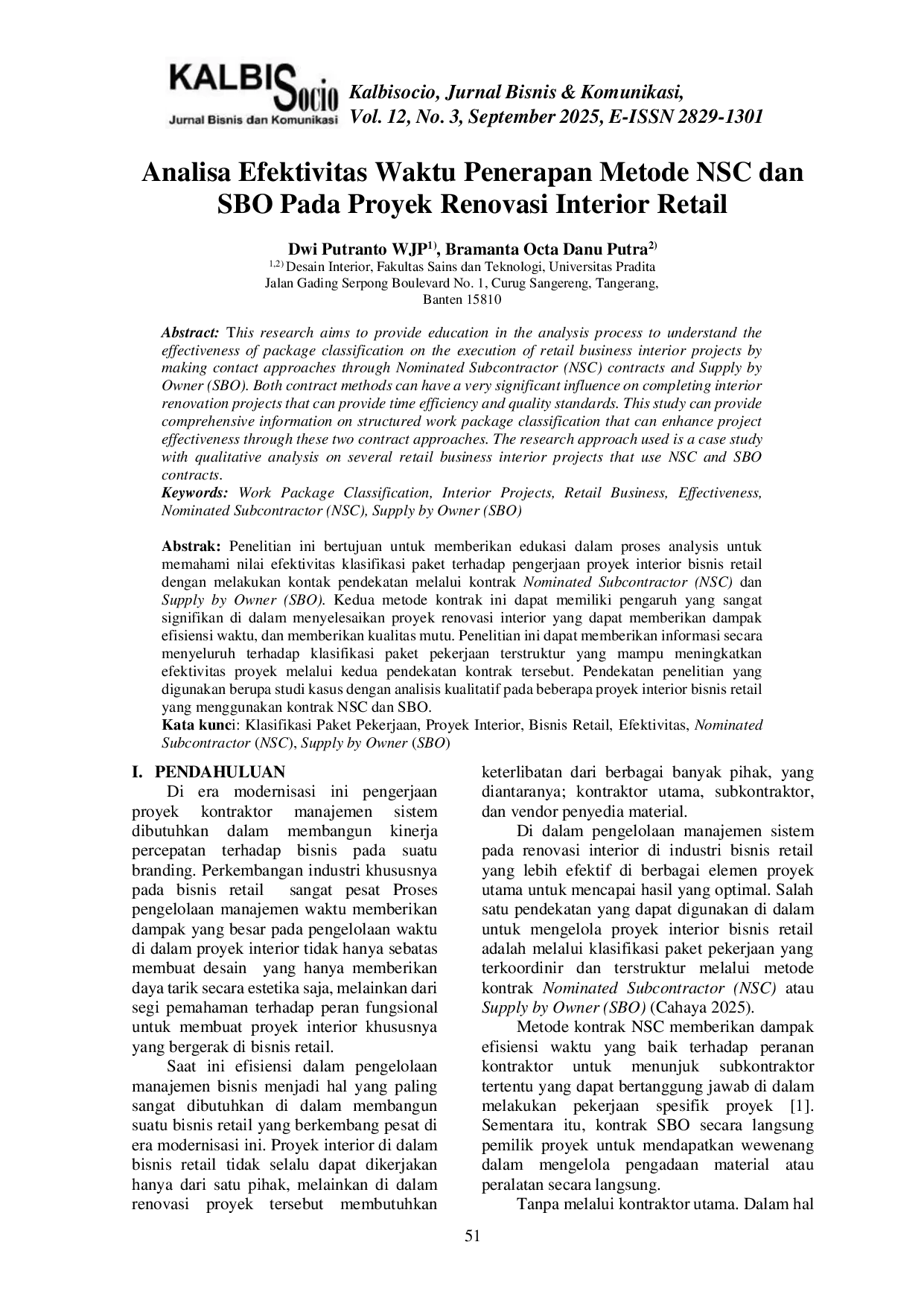 JURIS Analisa Efektivitas Waktu Penerapan Metode NSC dan SBO Pada Proyek Renovasi Interior Retail di STAR Department Store Summarecon Bekasi