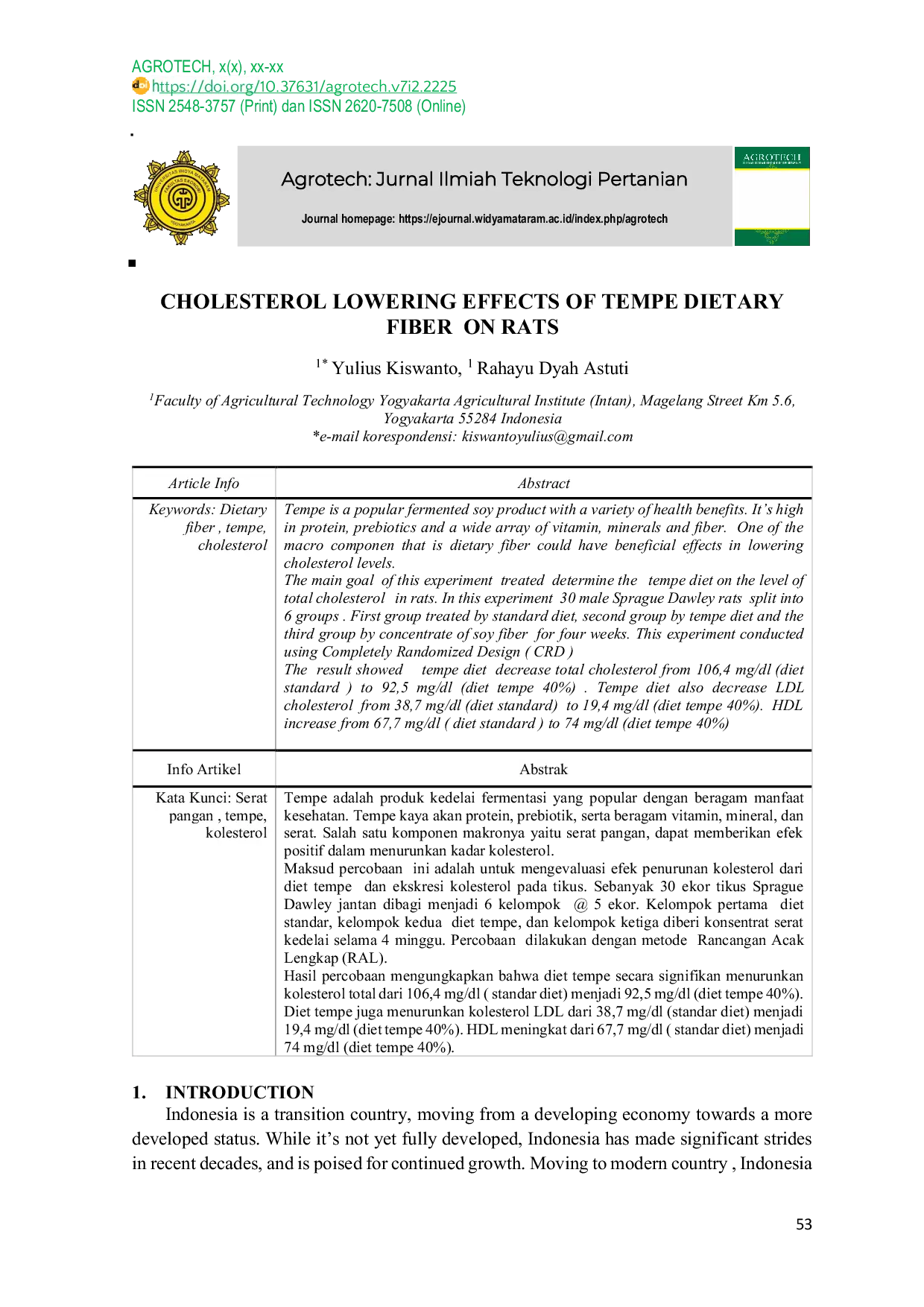 JURIS Cholesterol Lowering Effects of Tempe Dietary Fiber On Rats