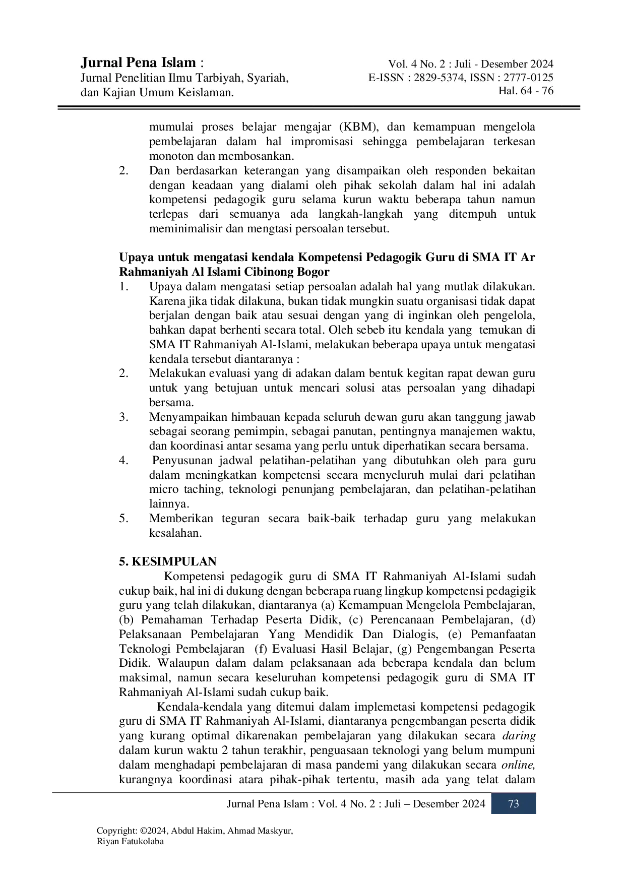 juris KOMPETENSI PEDAGOGIK GURU Studi Kasus di SMA IT Rahmaniyah Al Islami Cibinong Bogor