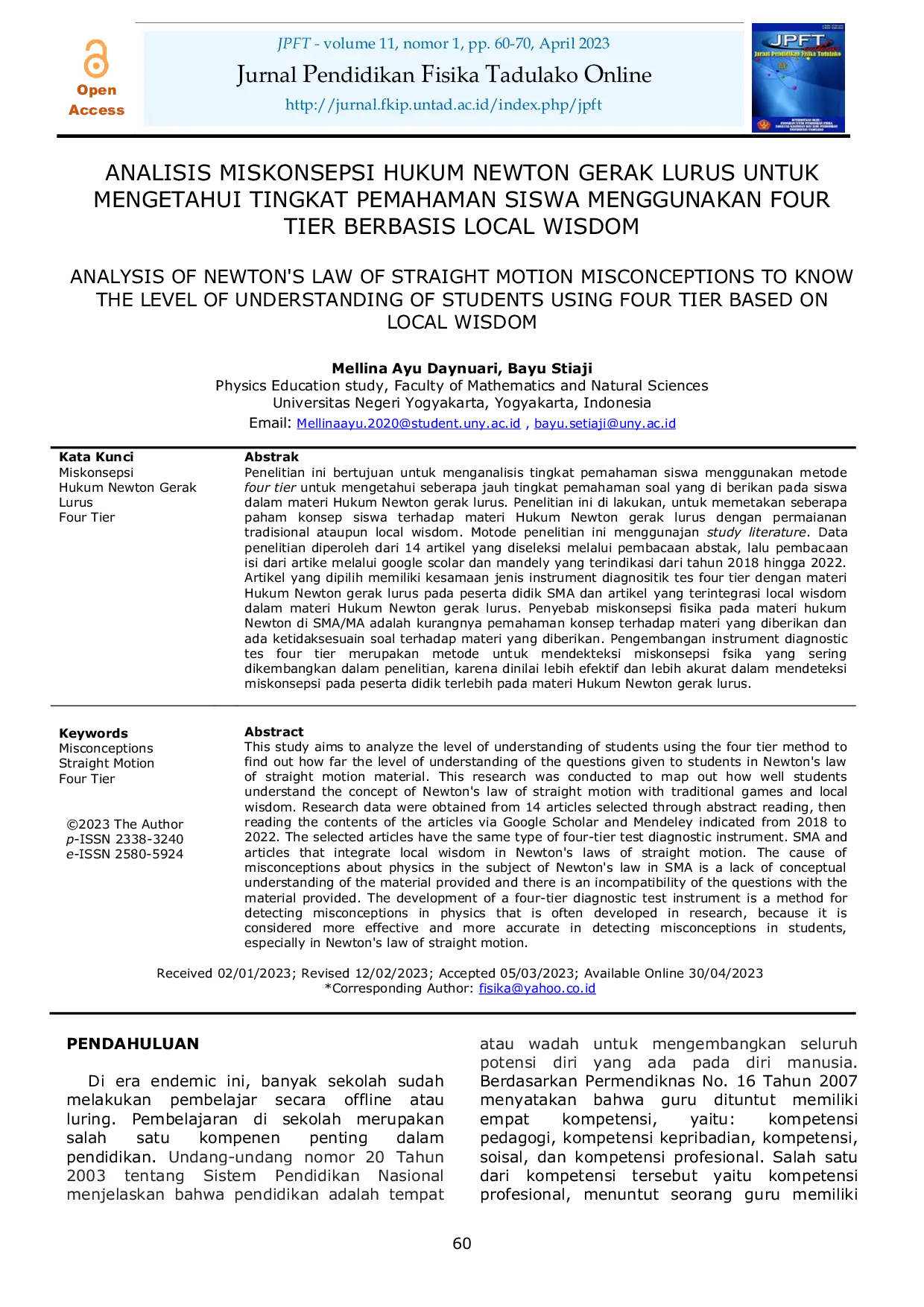 JURIS Analisis Miskonsepsi Hukum Newton Gerak Lurus Untuk Mengetahui Tingkat Pemahaman Siswa Menggunakan Four Tier Berbasis Local Wisdom