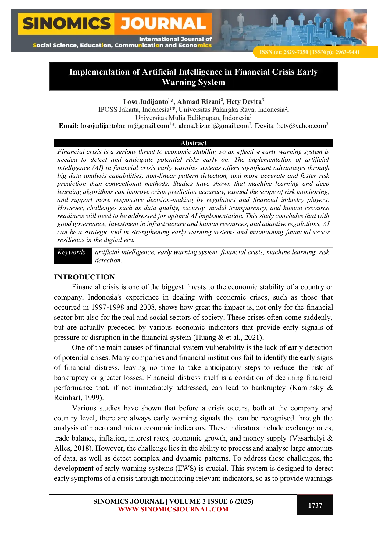 JURIS Implementation of Artificial Intelligence in Financial Crisis Early Warning System