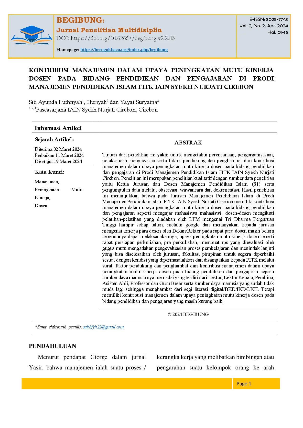 juris Kontribusi Manajemen Dalam Upaya Peningkatan Mutu Kinerja Dosen Pada Bidang Pendidikan Dan Pengajaran Di Prodi Manajemen Pendidikan Islam Fitk Iain Syekh Nurjati Cirebon