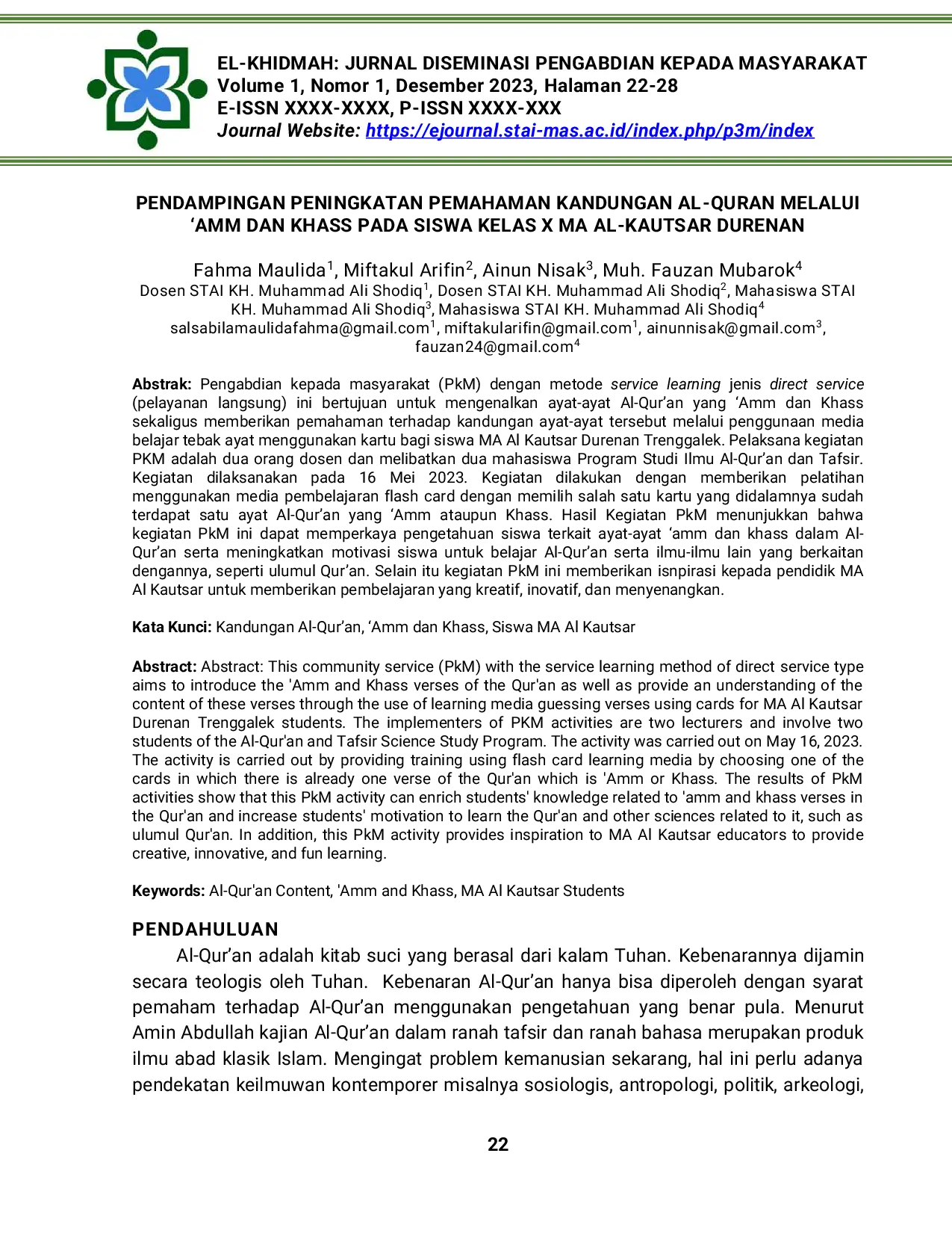 JURIS Pendampingan Peningkatan Pemahaman Kandungan Al Quran Melalui Amm Dan Khass Pada Siswa Kelas X Ma Al Kautsar Durenan
