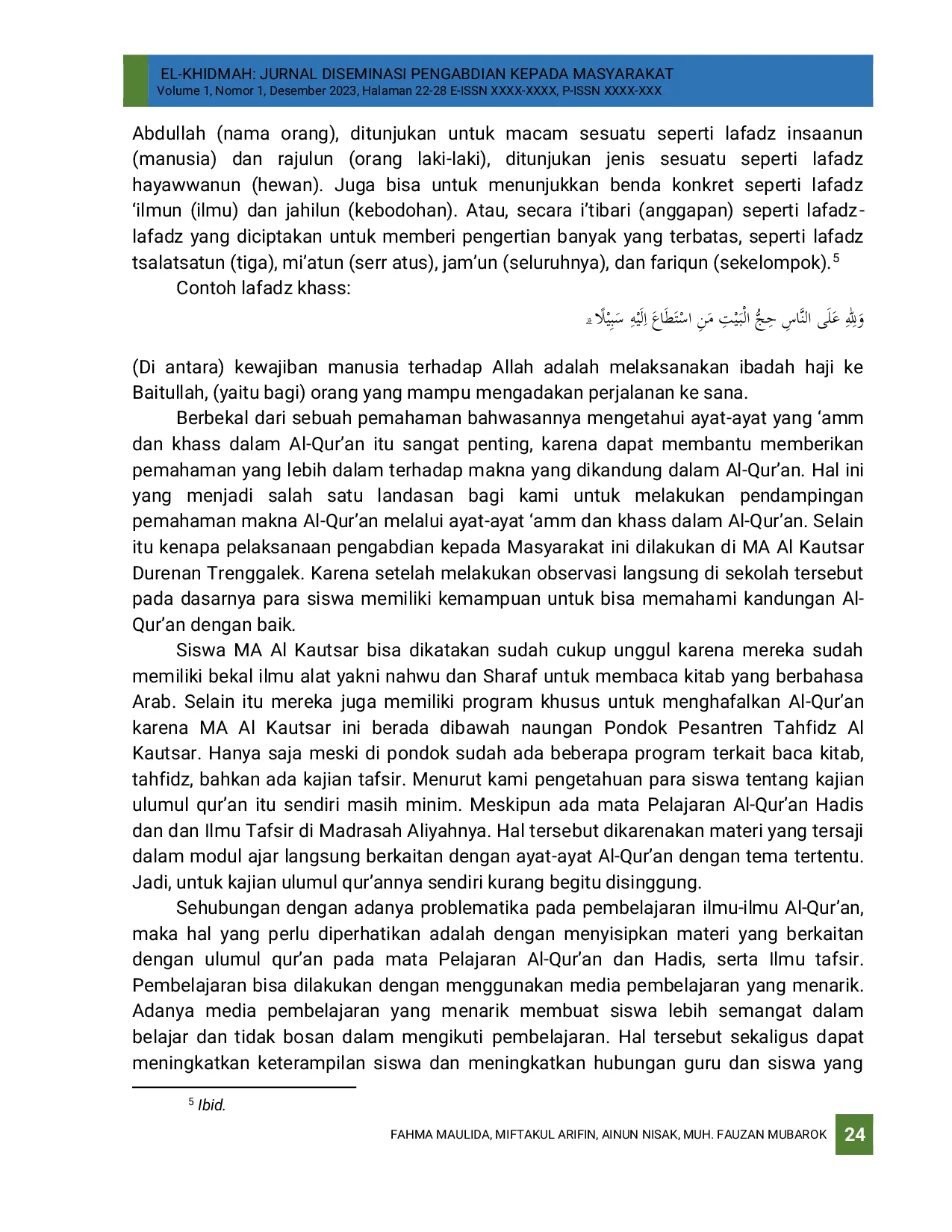 JURIS Pendampingan Peningkatan Pemahaman Kandungan Al Quran Melalui Amm Dan Khass Pada Siswa Kelas X Ma Al Kautsar Durenan