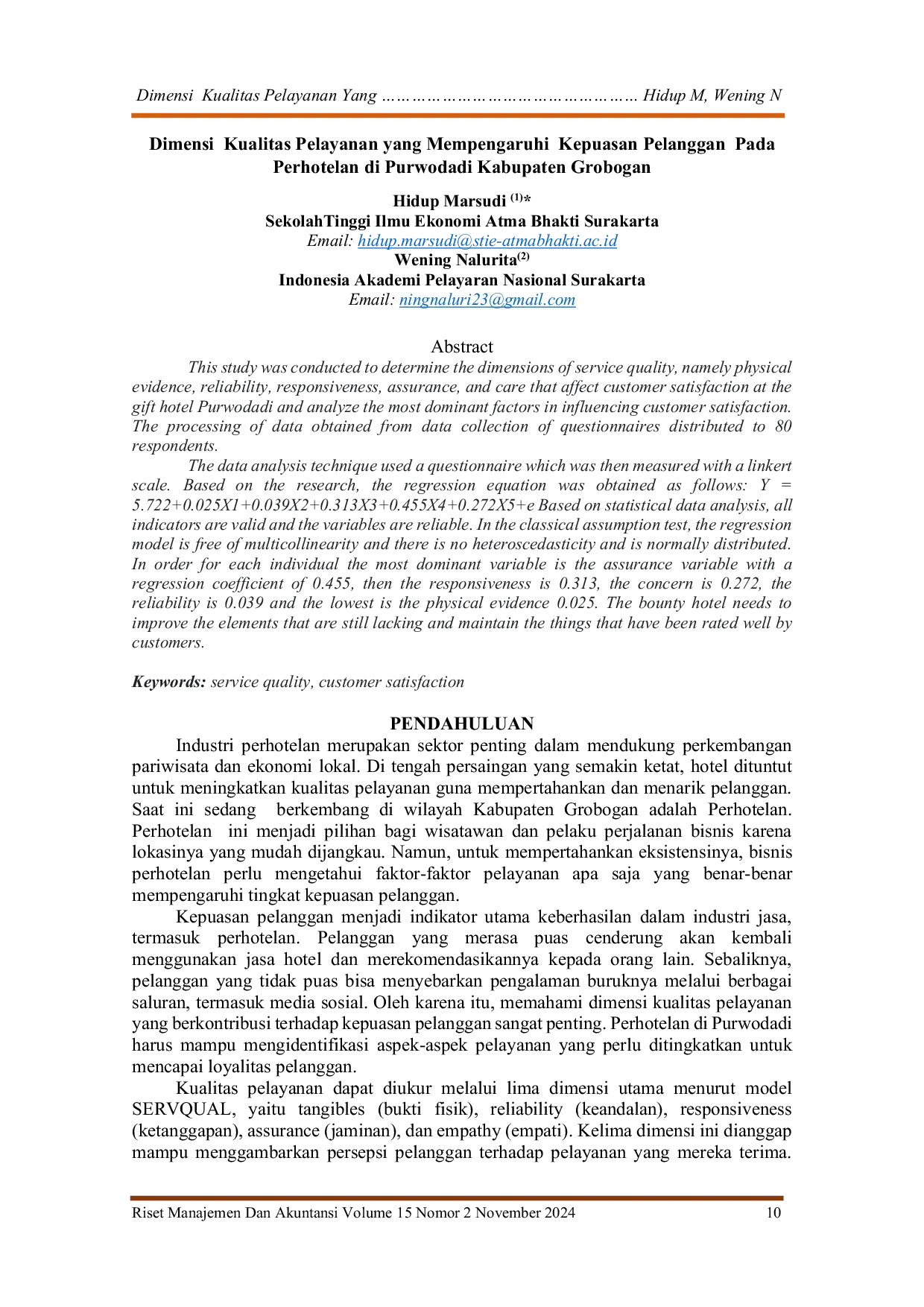 JURIS Dimensi Kualitas Pelayanan Yang Mempengaruhi Kepuasan Pelanggan Pada Perhotelan di Purwodadi Kabupaten Grobogan