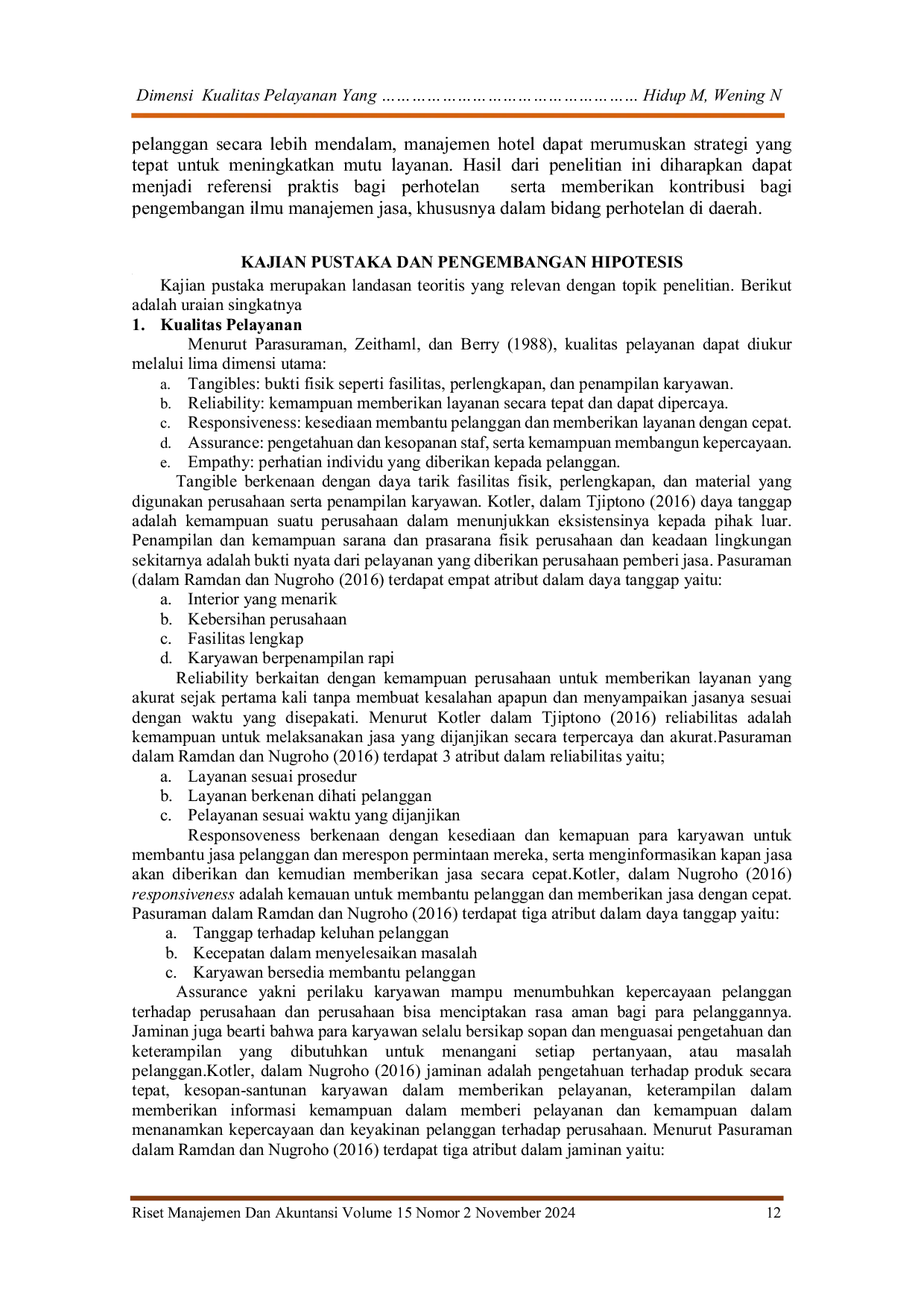 JURIS Dimensi Kualitas Pelayanan Yang Mempengaruhi Kepuasan Pelanggan Pada Perhotelan di Purwodadi Kabupaten Grobogan