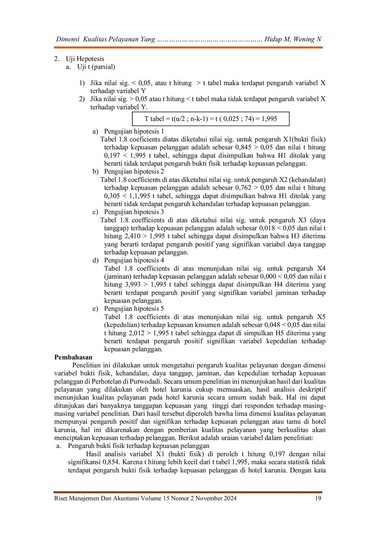 JURIS Dimensi Kualitas Pelayanan Yang Mempengaruhi Kepuasan Pelanggan Pada Perhotelan di Purwodadi Kabupaten Grobogan