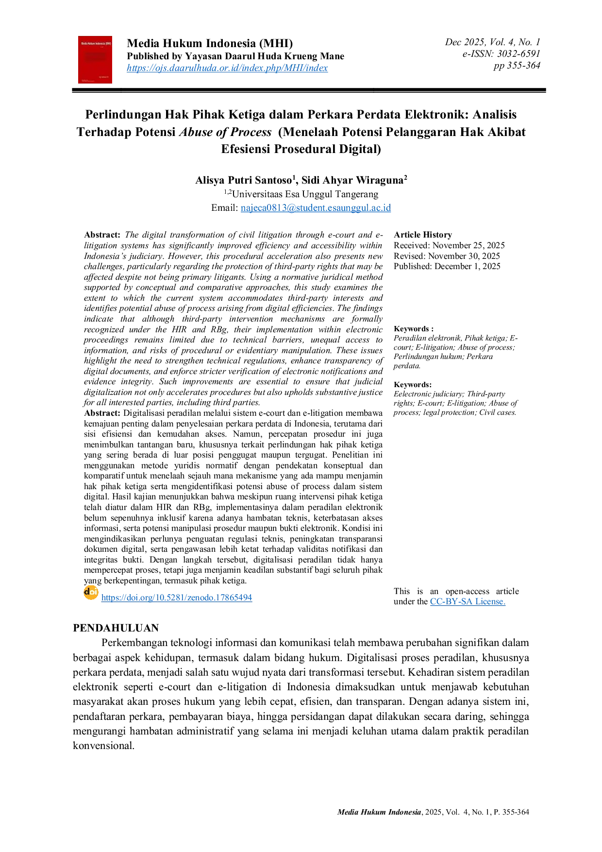JURIS Perlindungan Hak Pihak Ketiga dalam Perkara Perdata Elektronik Analisis Terhadap Potensi Abuse of Process Menelaah Potensi Pelanggaran Hak Akibat Efesiensi Prosedural Digital