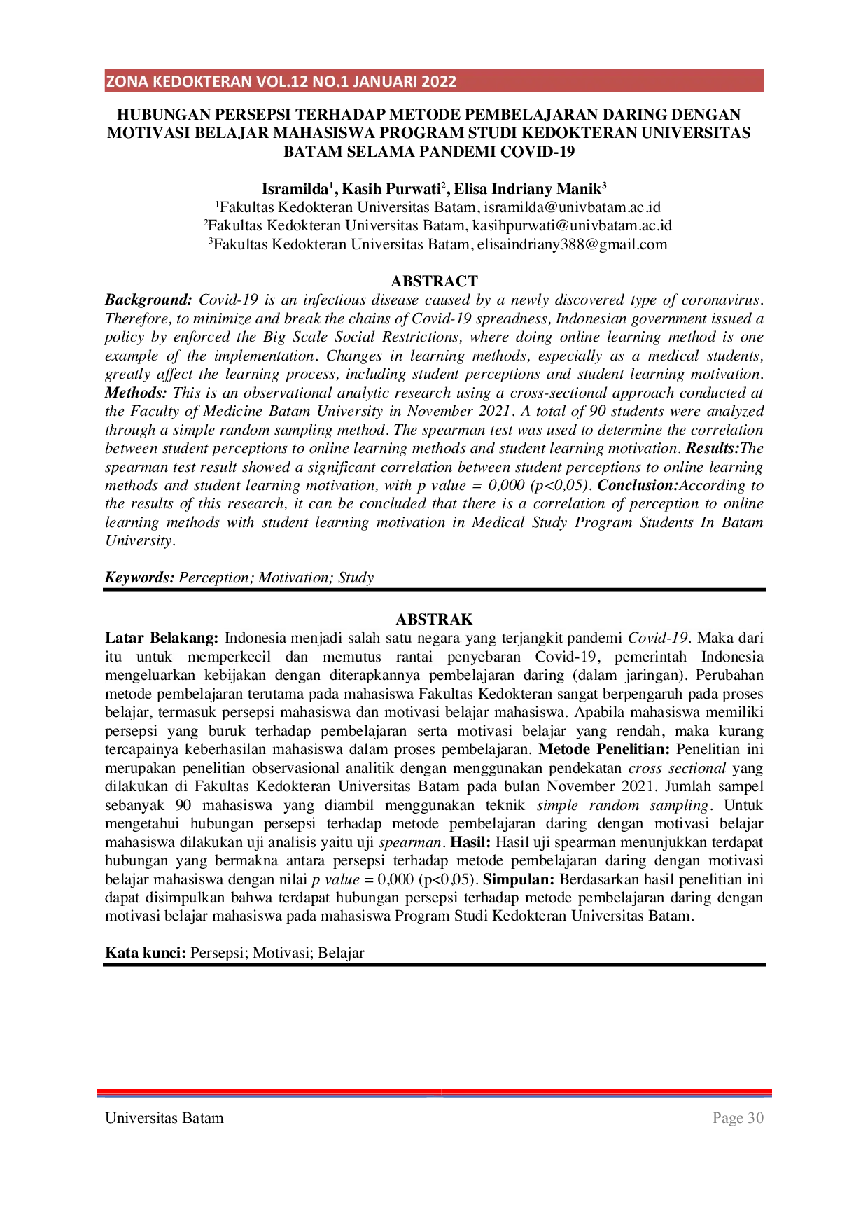JURIS Hubungan Persepsi Terhadap Metode Pembelajaran Daring Dengan Motivasi Belajar Mahasiswa Program Studi Kedokteran Universitas Batam Selama Pandemi Covid 19
