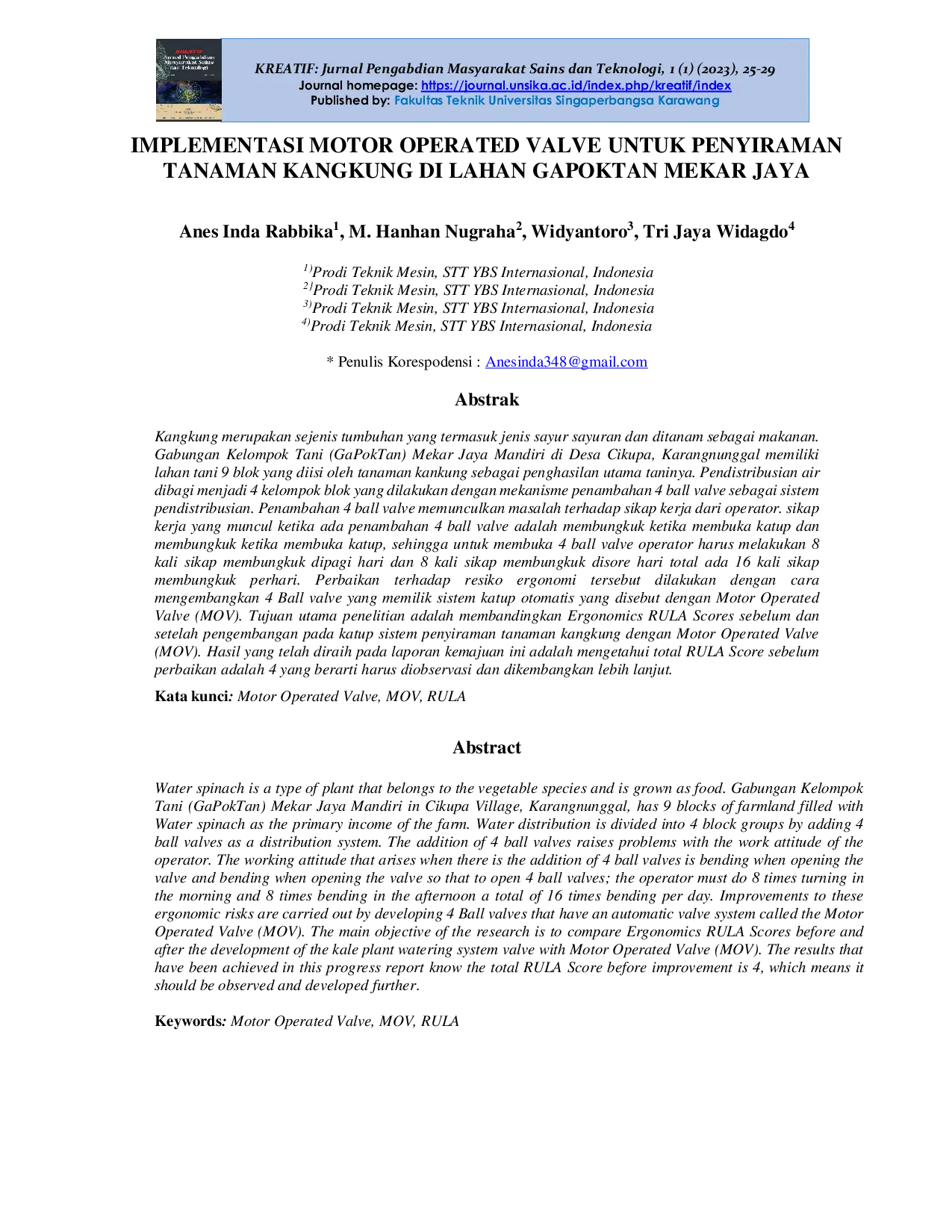 JURIS Implementasi Motor Operated Valve Untuk Penyiraman Tanaman Kangkung Di Lahan Gapoktan Mekar Jaya