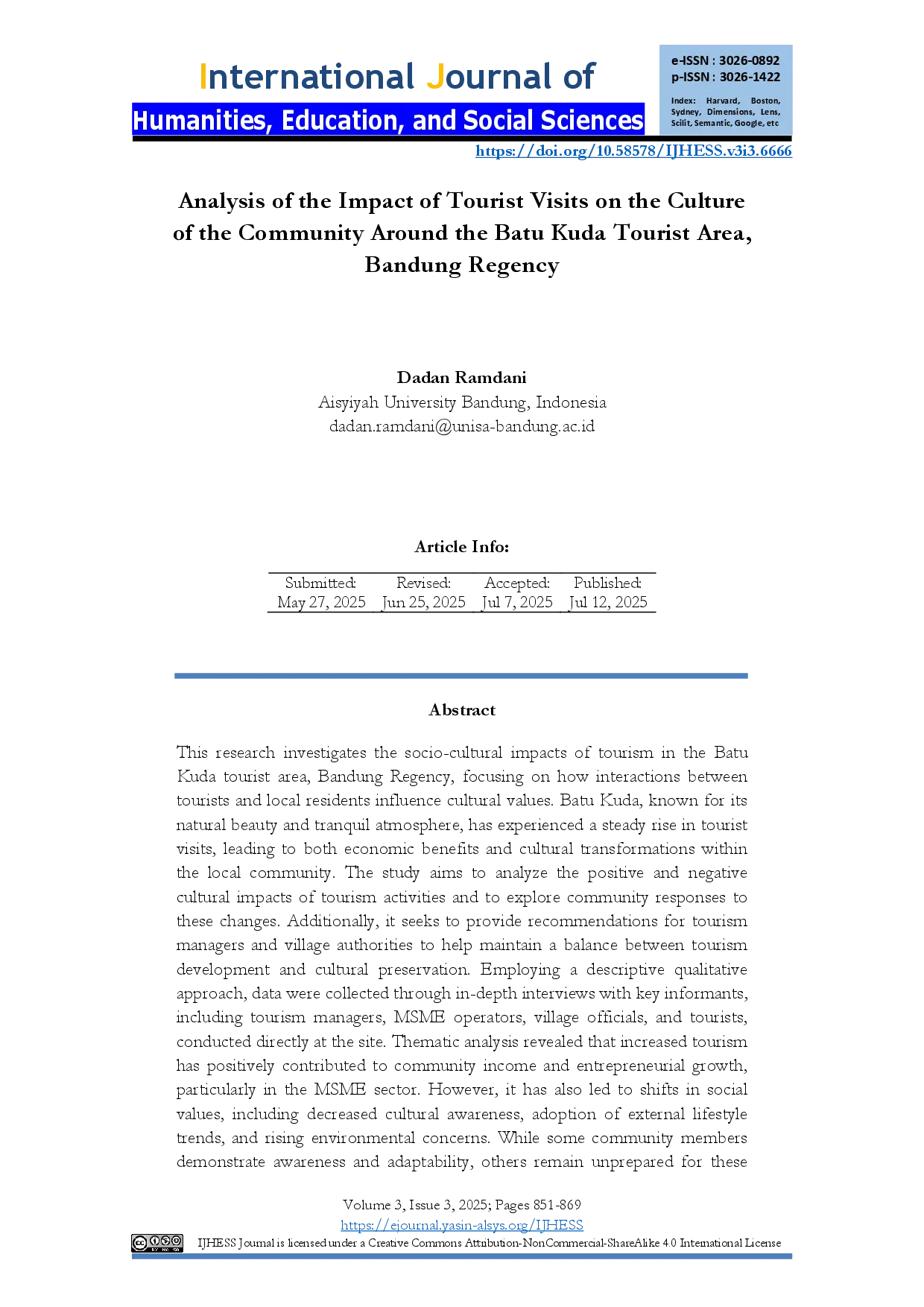 juris Analysis of the Impact of Tourist Visits on the Culture of the Community Around the Batu Kuda Tourist Area Bandung Regency