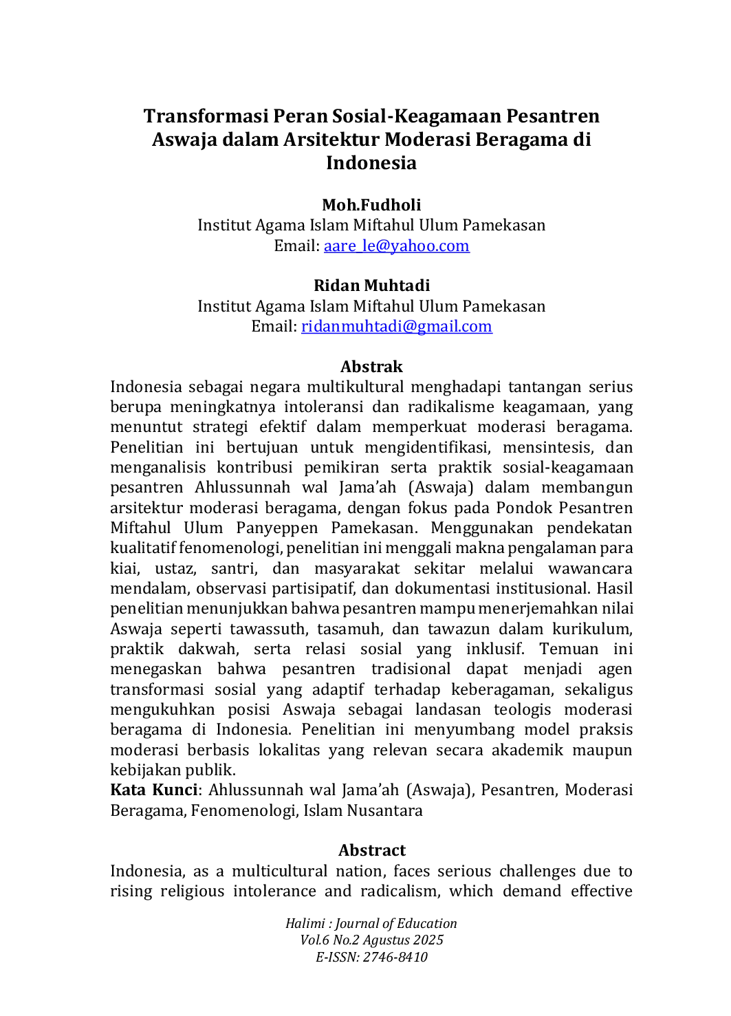 JURIS Transformasi Peran Sosial Keagamaan Pesantren Aswaja dalam Arsitektur Moderasi Beragama di Indonesia